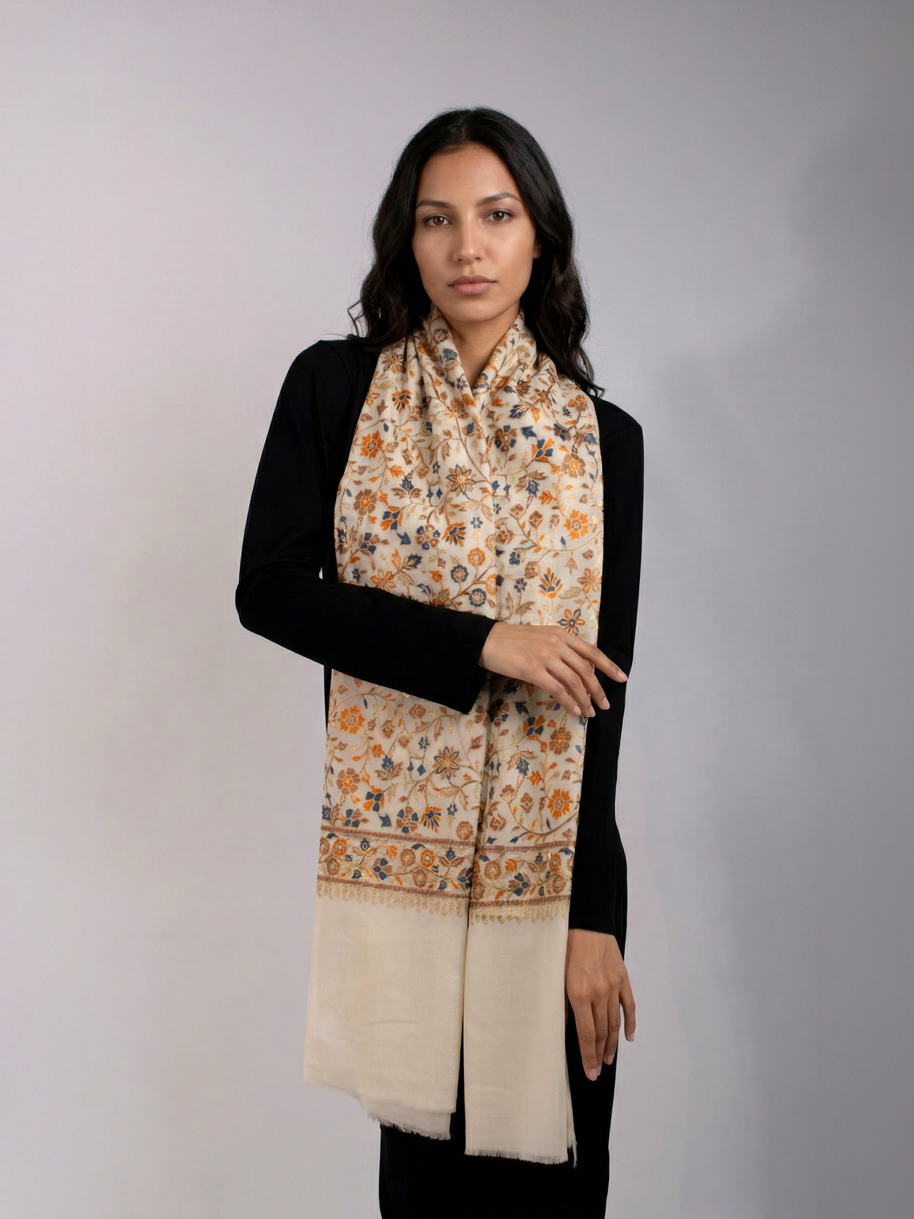 Off-White Gardens Handmade Embroidered Pashmina Wool Scarf