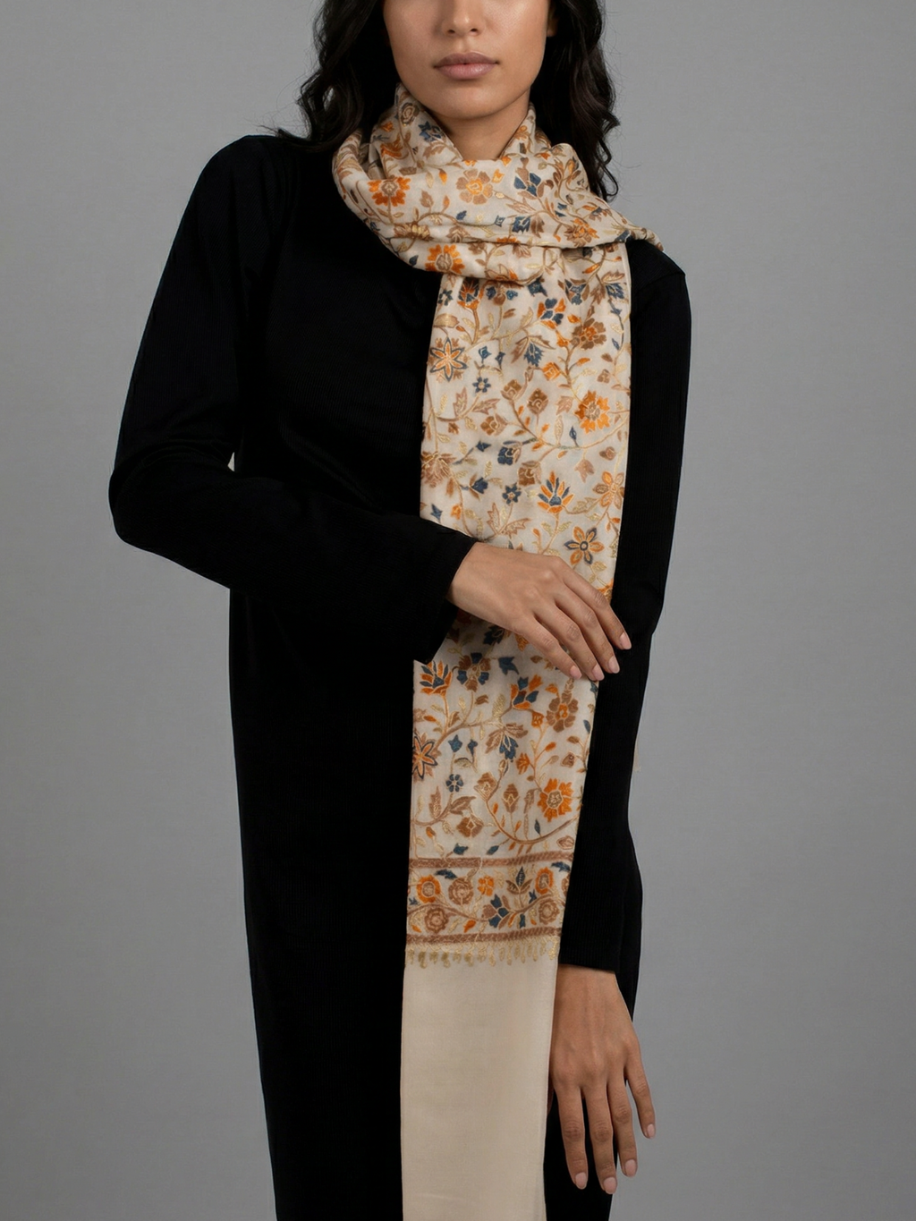 Off-White Gardens Handmade Embroidered Pashmina Wool Scarf
