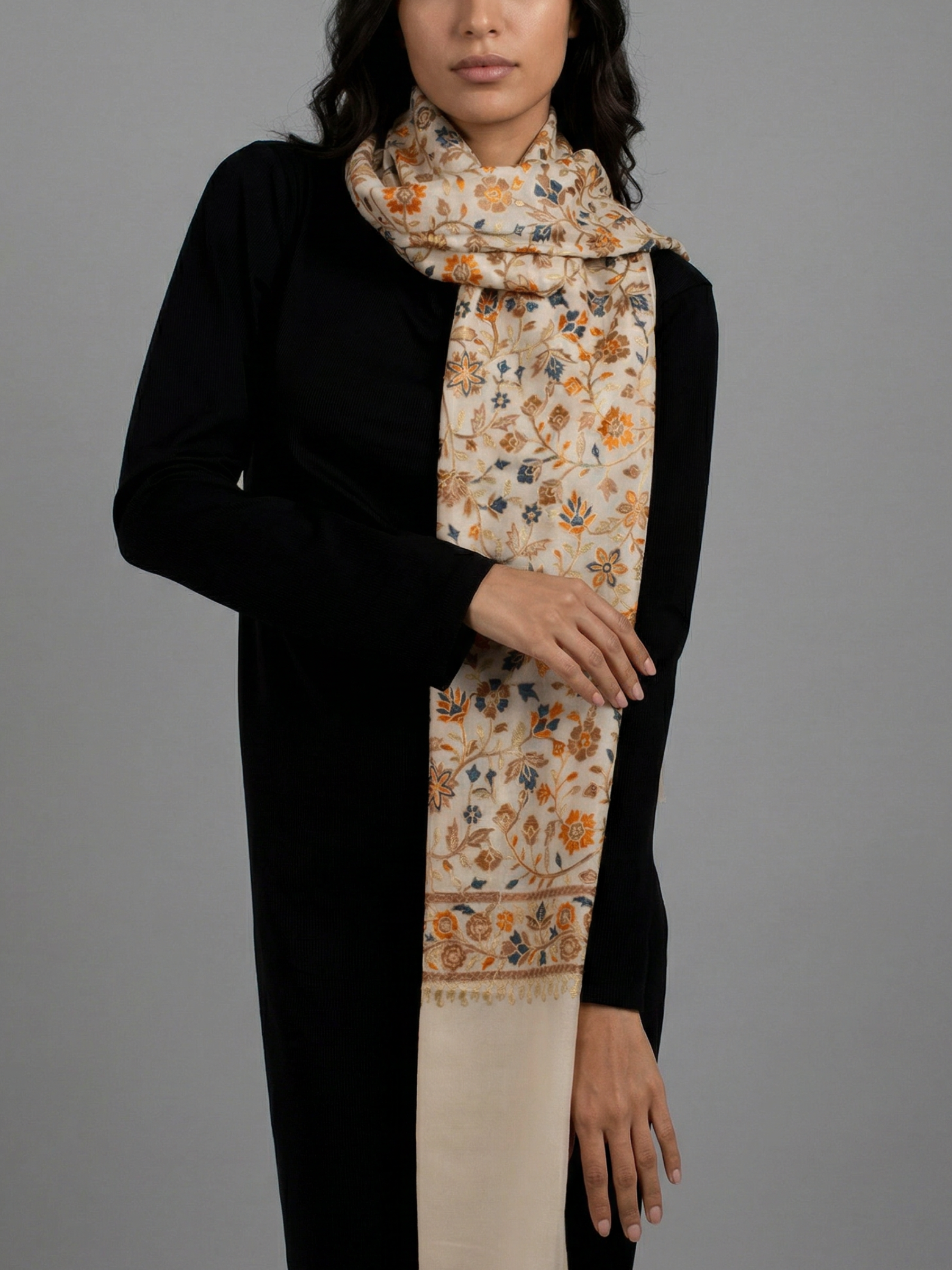 Off-White Gardens Handmade Embroidered Pashmina Wool Scarf