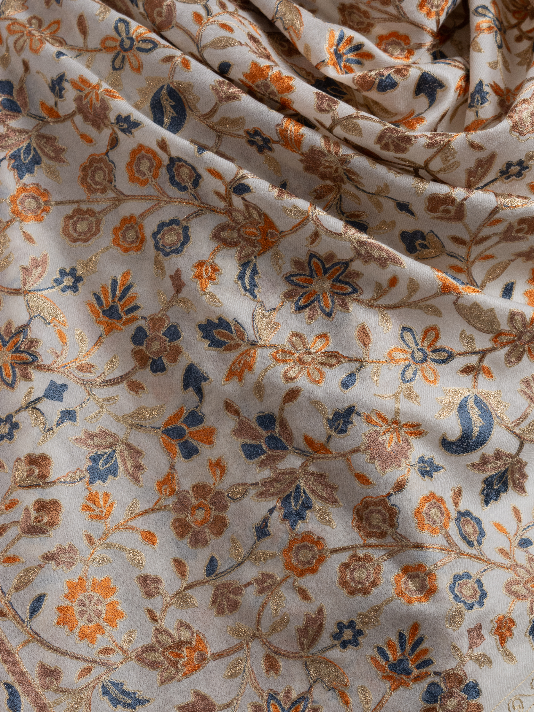 Off-White Gardens Handmade Embroidered Pashmina Wool Scarf
