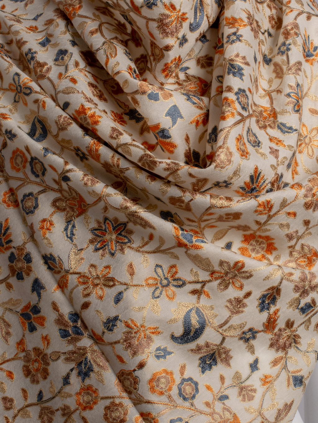 Off-White Gardens Handmade Embroidered Pashmina Wool Scarf