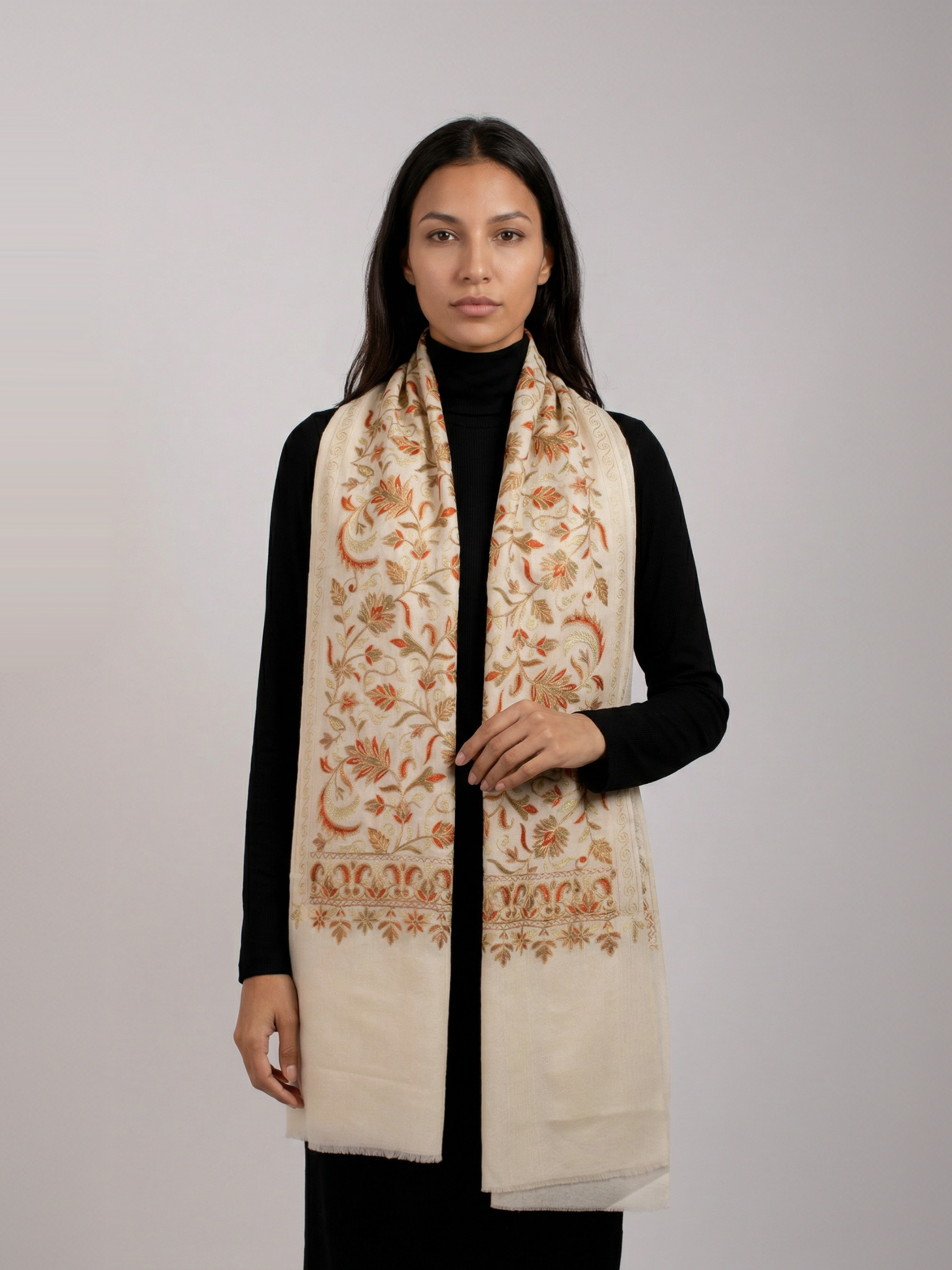 Off-White Leafs Handmade Embroidered Pashmina Wool Scarf