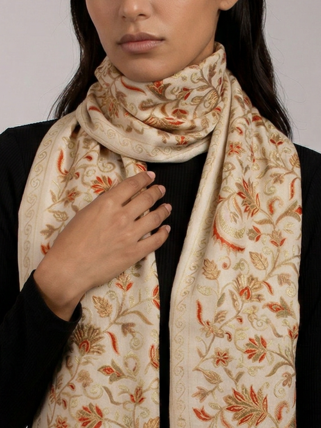 Off-White Leafs Handmade Embroidered Pashmina Wool Scarf