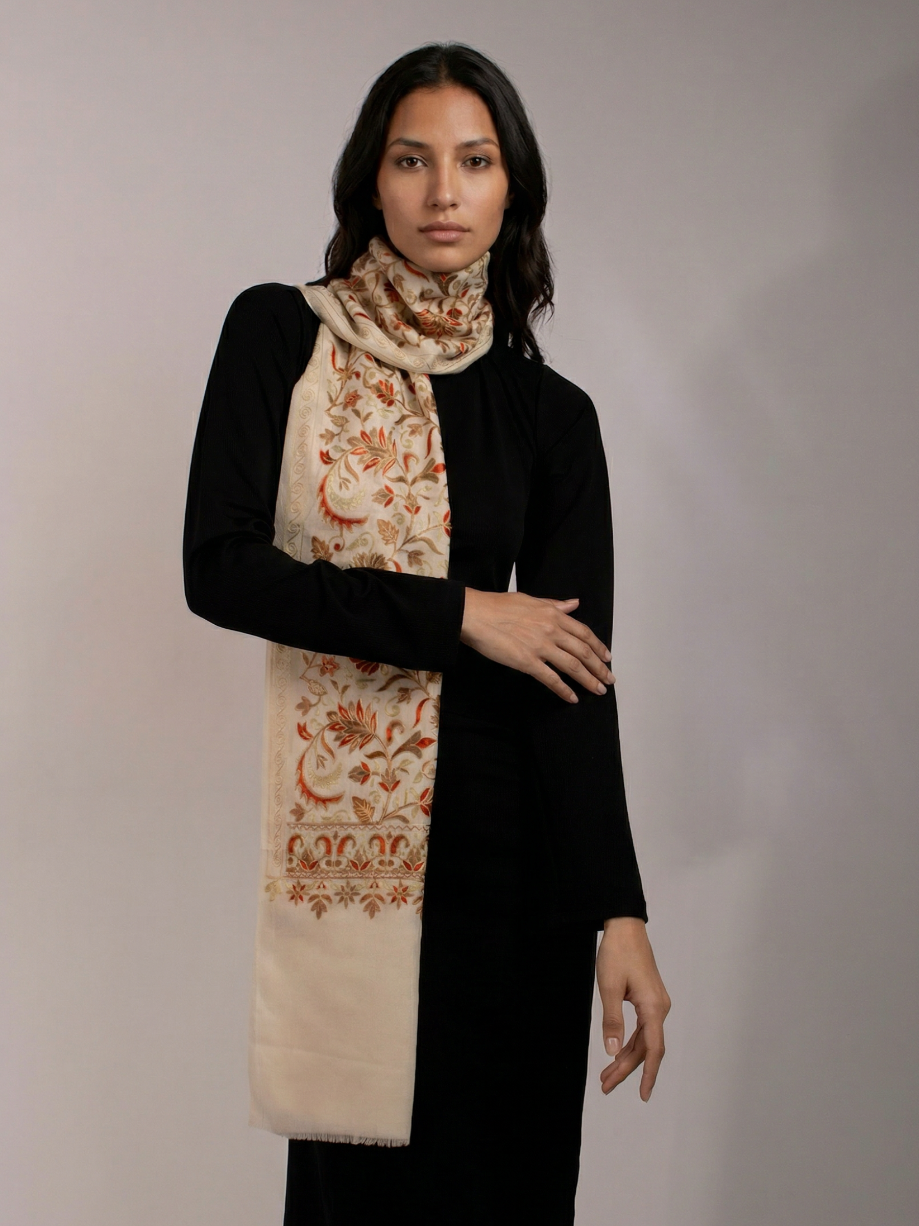 Off-White Leafs Handmade Embroidered Pashmina Wool Scarf