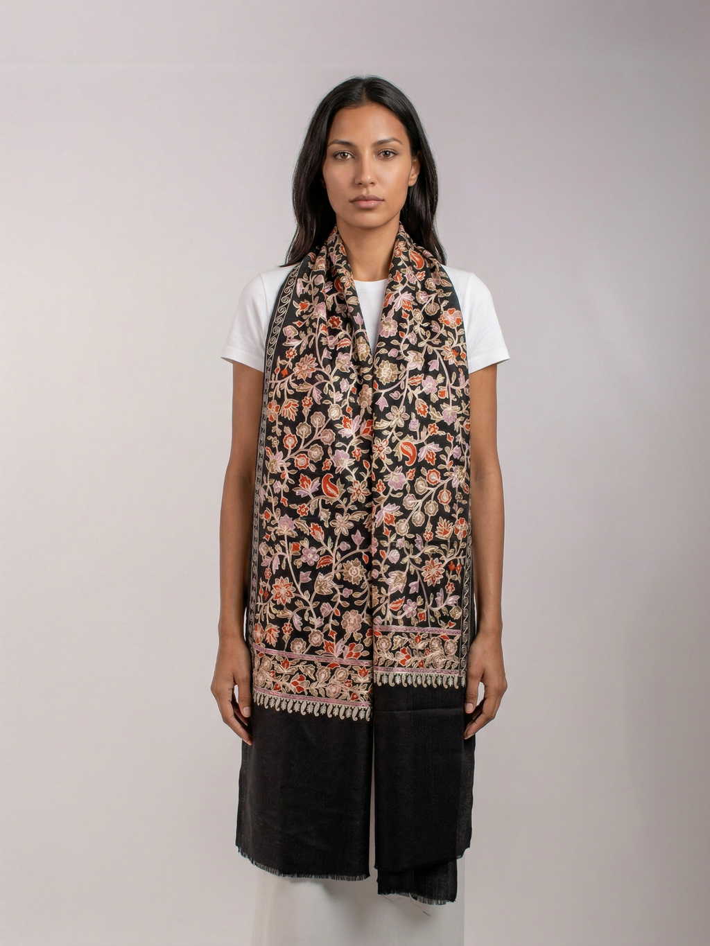 Black Florid Handmade Embroidered Pashmina Wool Scarf
