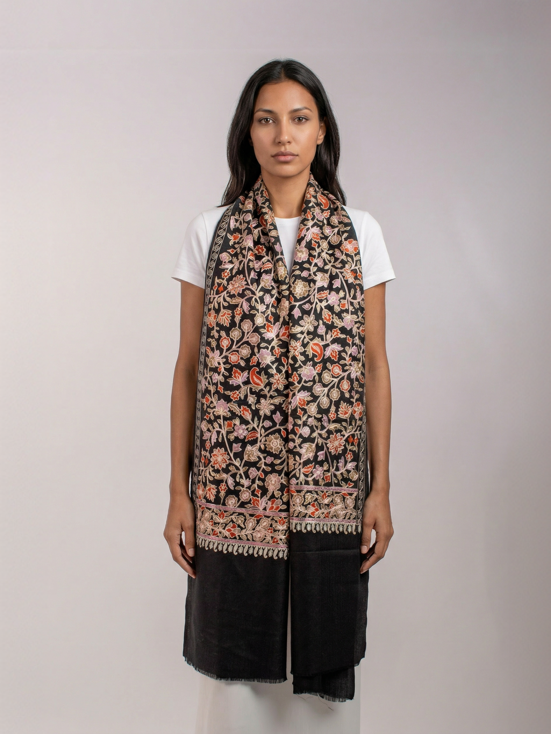 Black Florid Handmade Embroidered Pashmina Wool Scarf