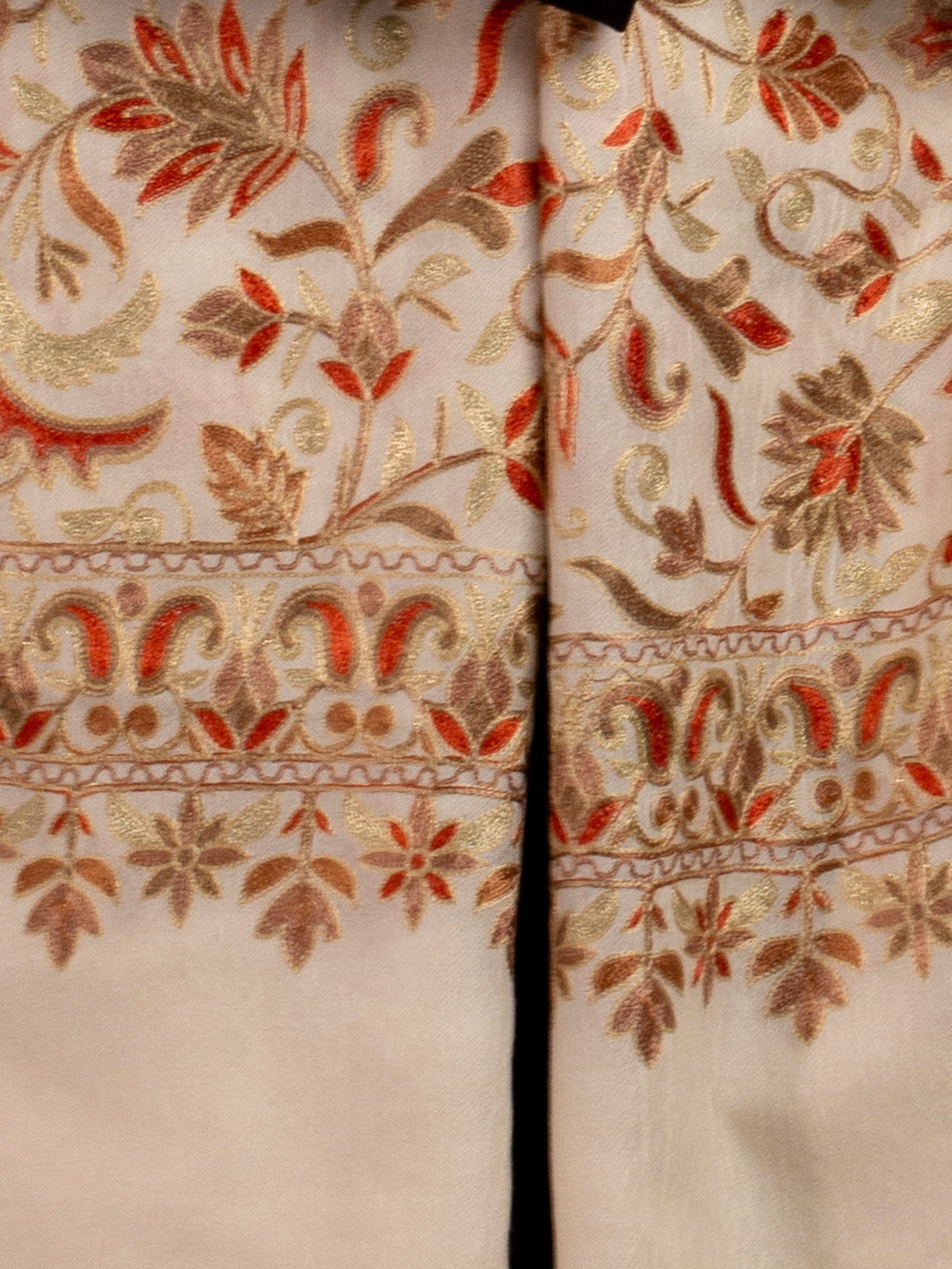 Off-White Leafs Handmade Embroidered Pashmina Wool Scarf