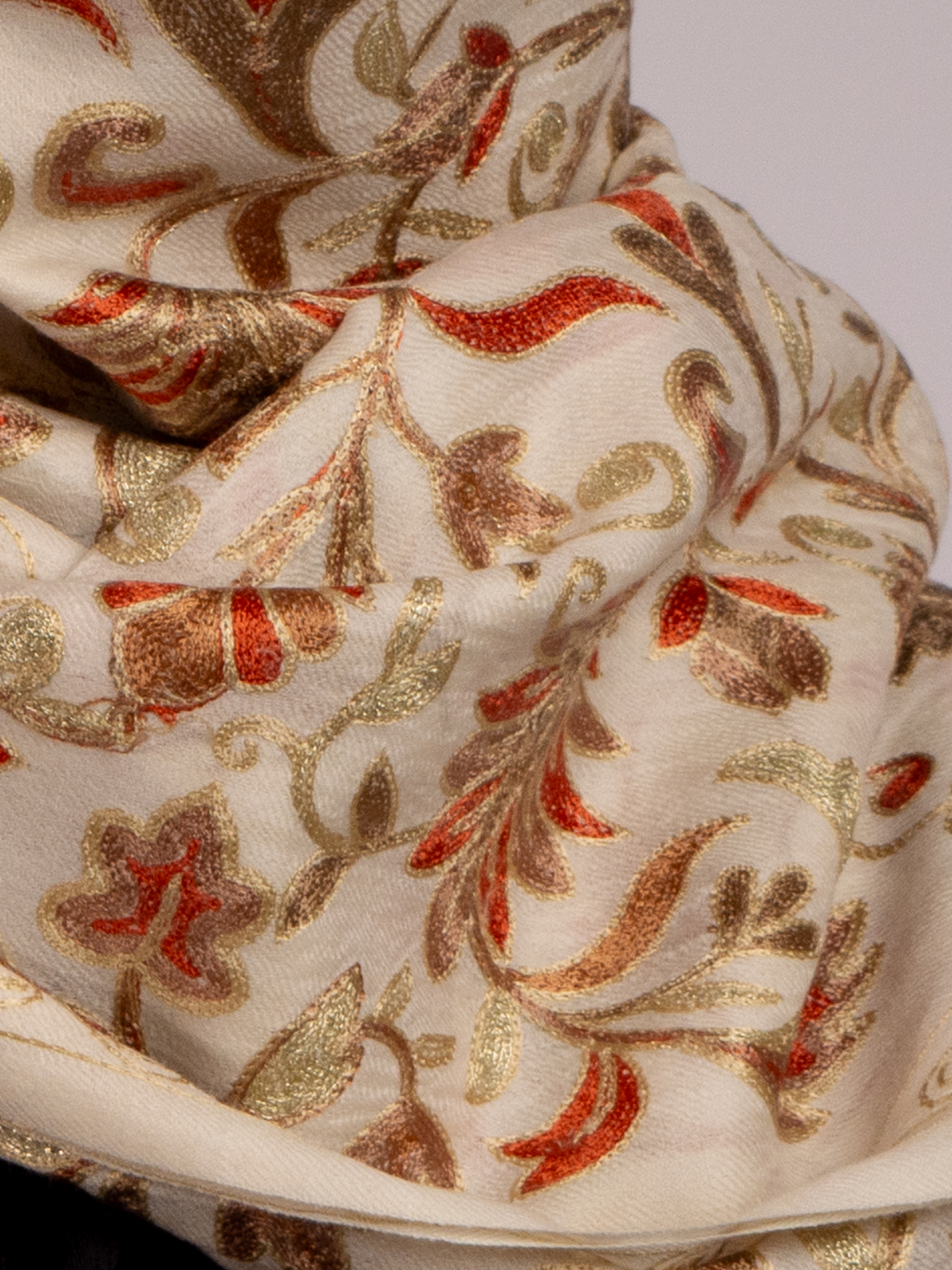 Off-White Leafs Handmade Embroidered Pashmina Wool Scarf