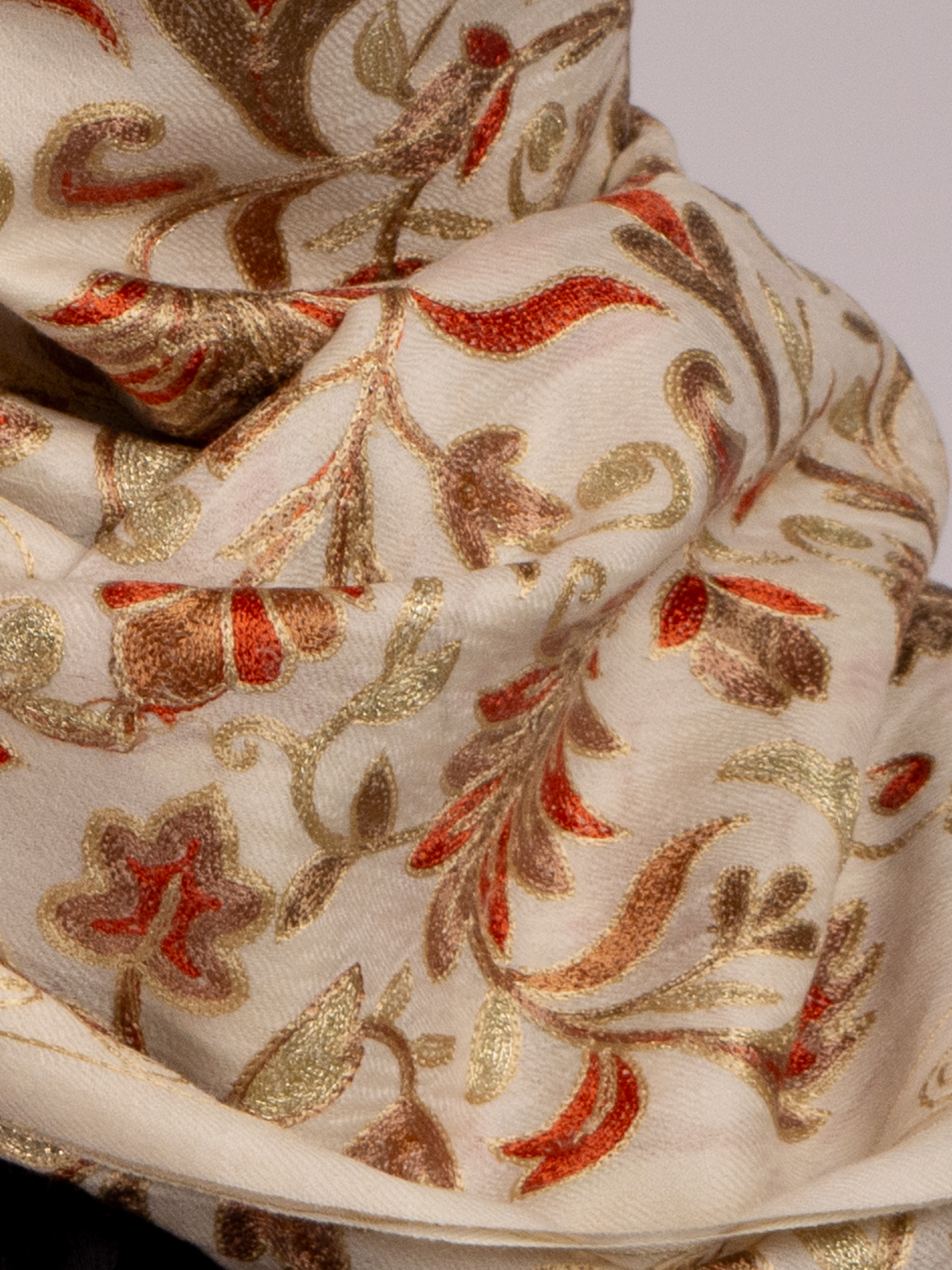 Off-White Leafs Handmade Embroidered Pashmina Wool Scarf