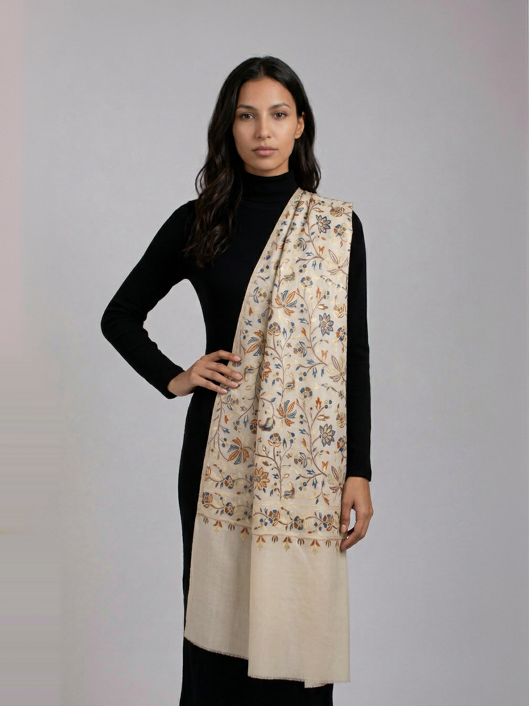 Off-White Florals Handmade Embroidered Pashmina Wool Scarf