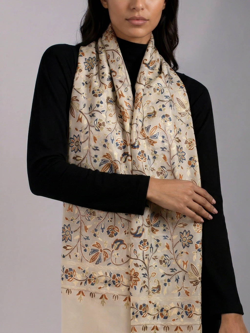 Off-White Florals Handmade Embroidered Pashmina Wool Scarf
