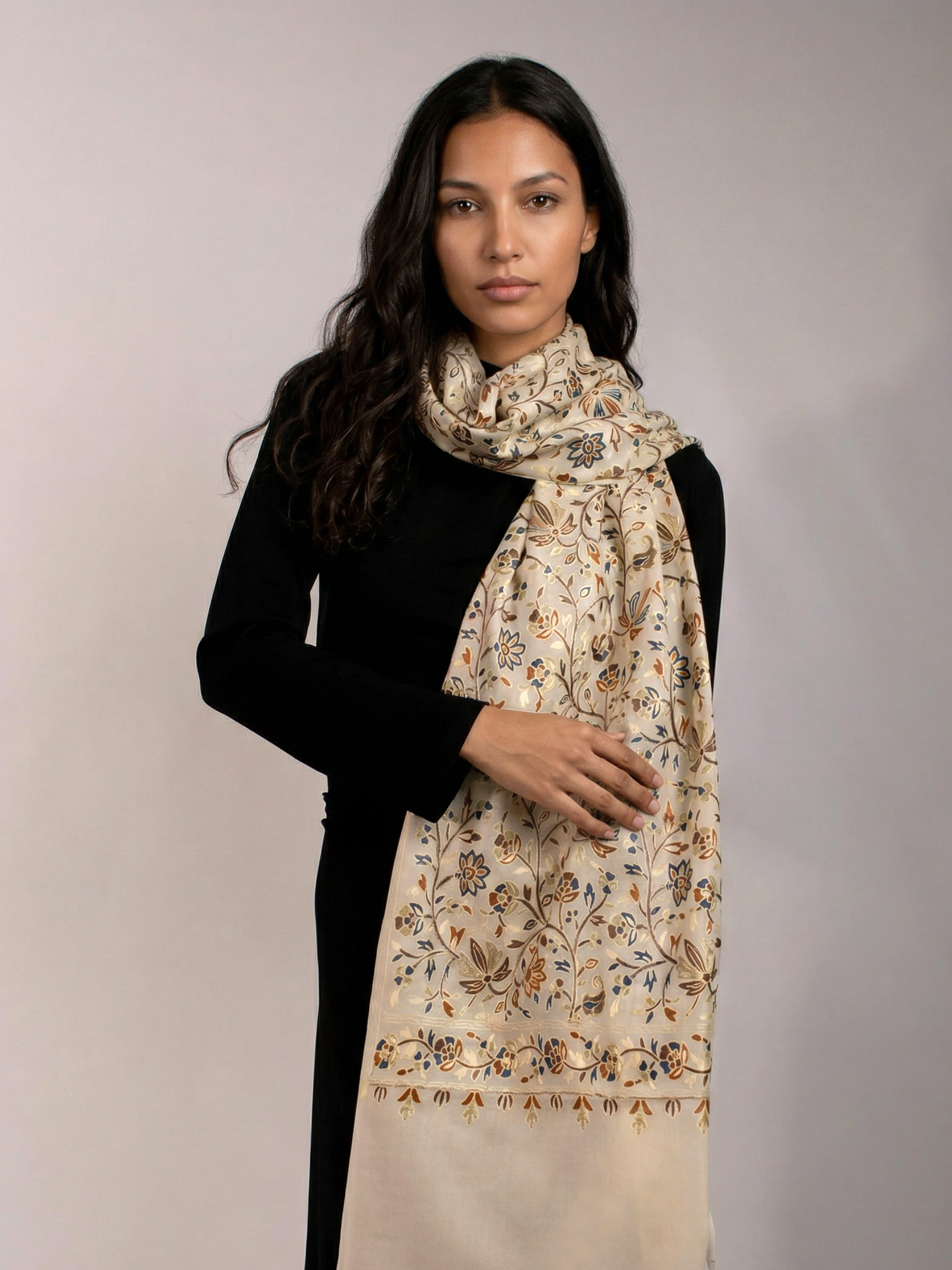 Off-White Florals Handmade Embroidered Pashmina Wool Scarf