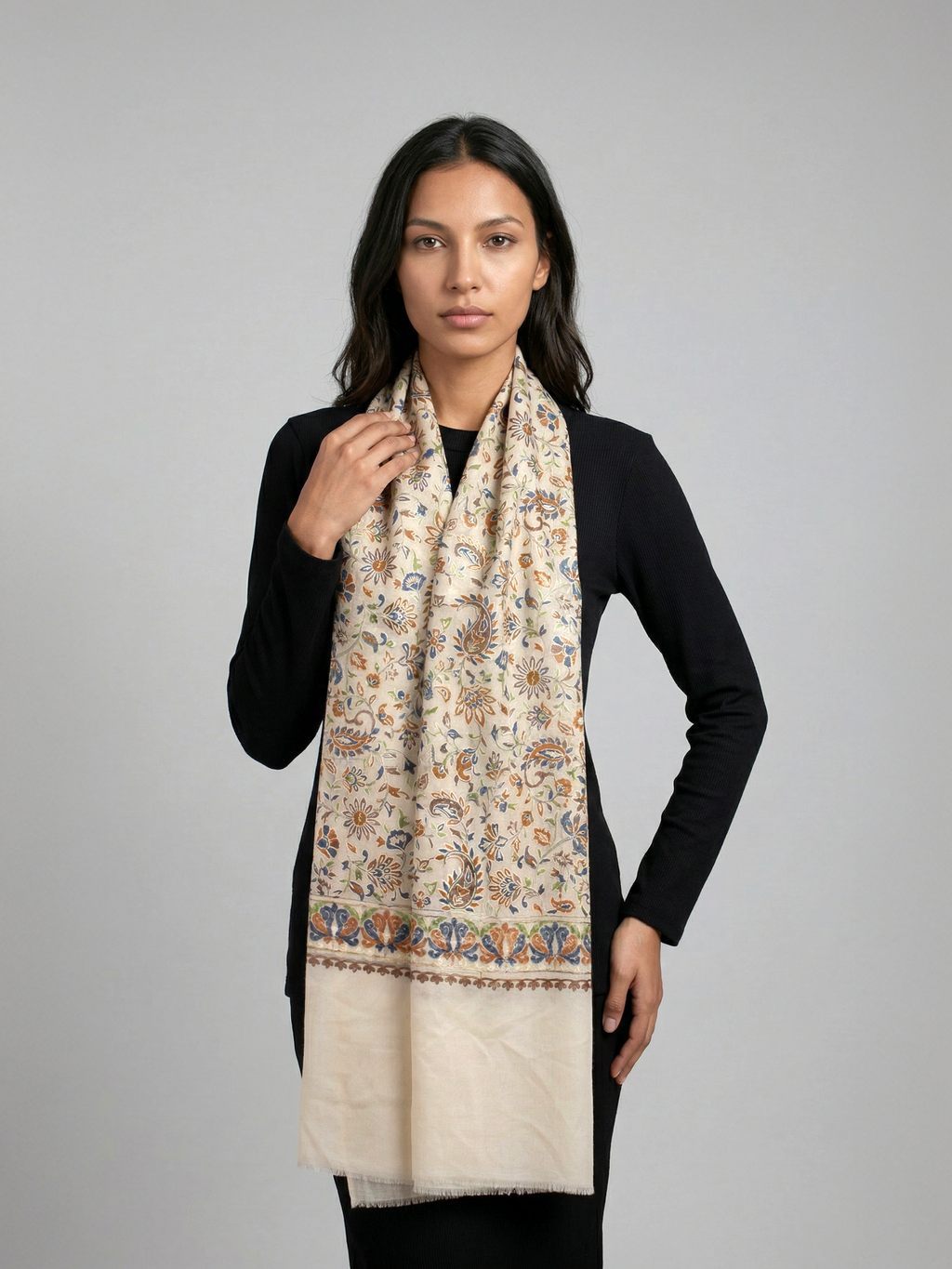 Off-White Ornaments Handmade Embroidered Pashmina Wool Scarf