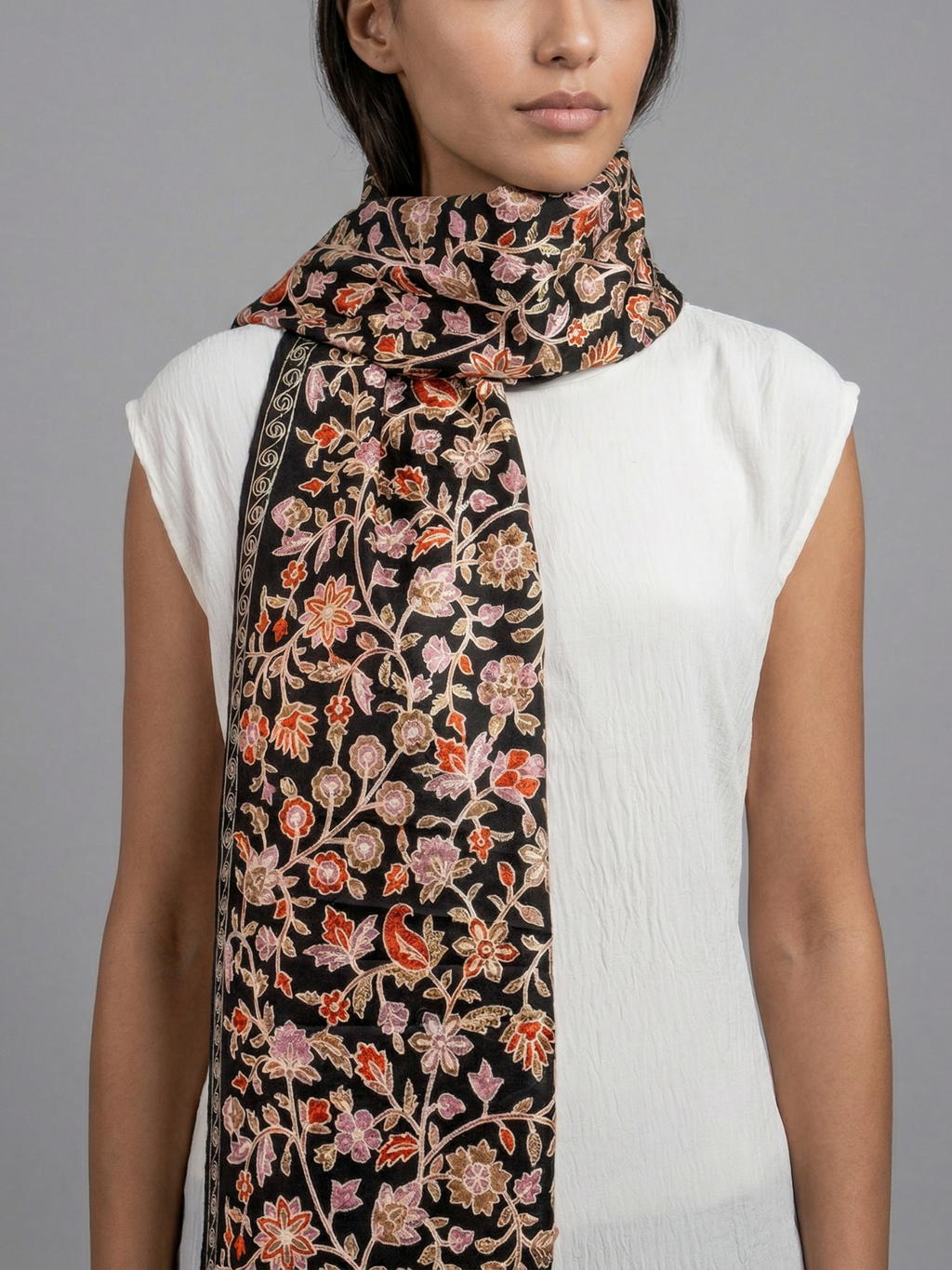 Black Florid Handmade Embroidered Pashmina Wool Scarf
