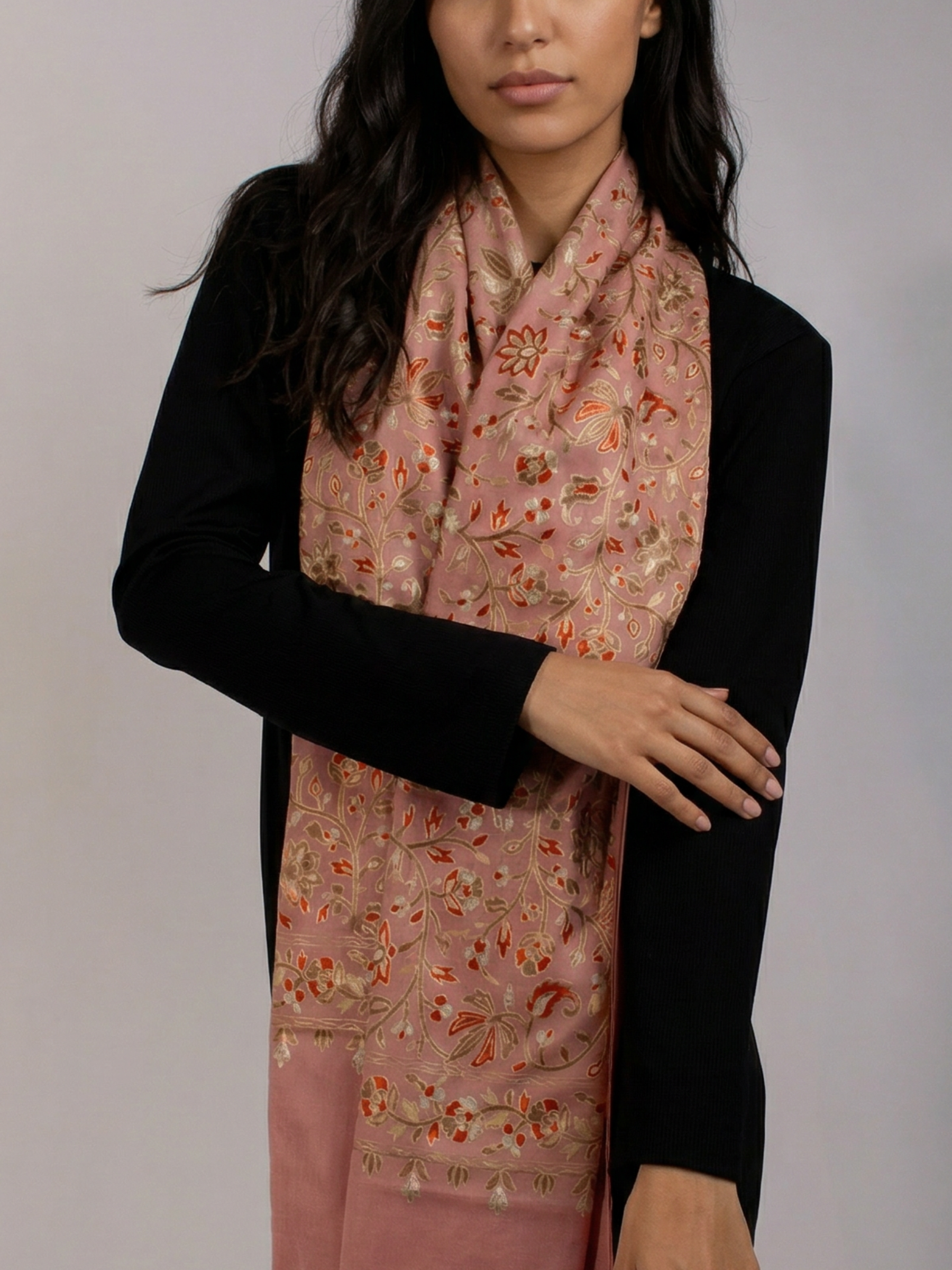 Pink Gardens Handmade Embroidered Pashmina Wool Scarf