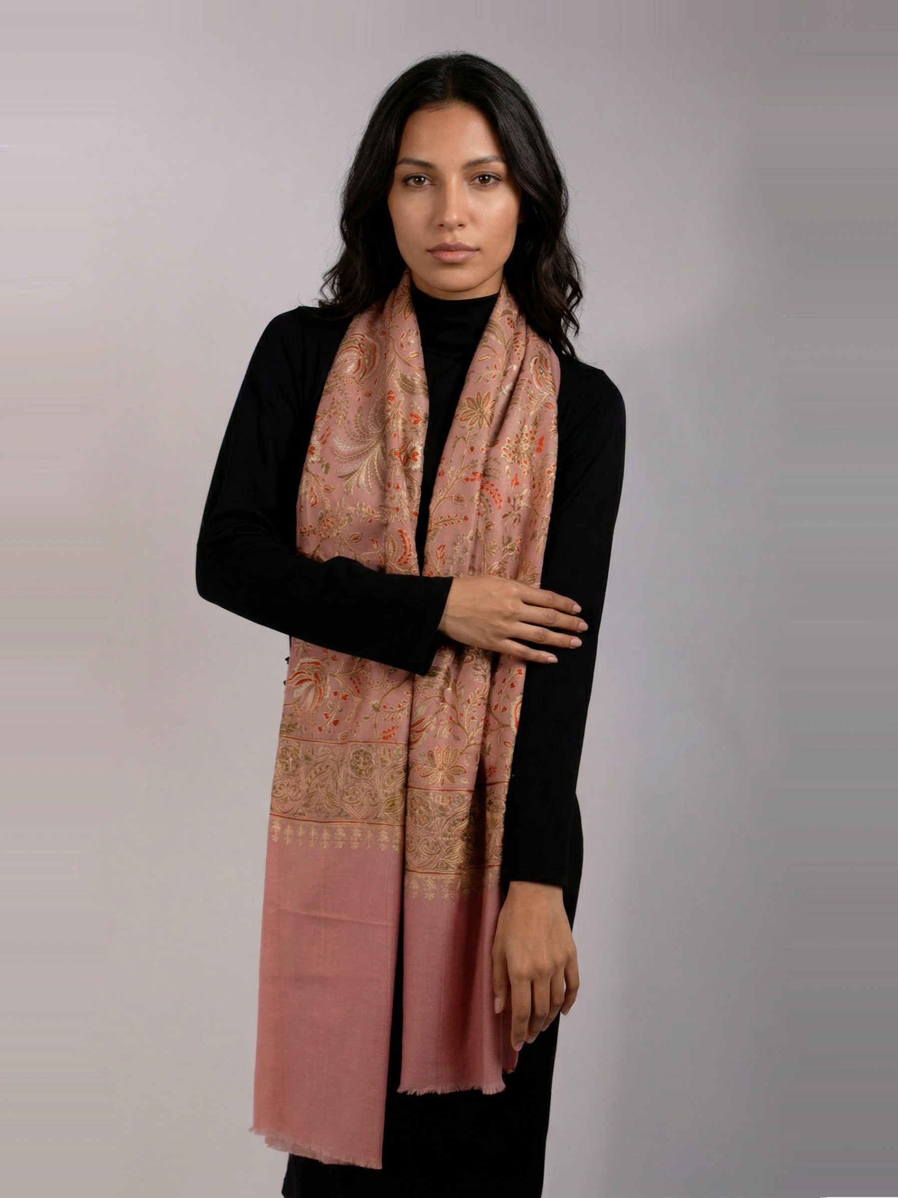 Pink Palms Handmade Embroidered Pashmina Wool Scarf