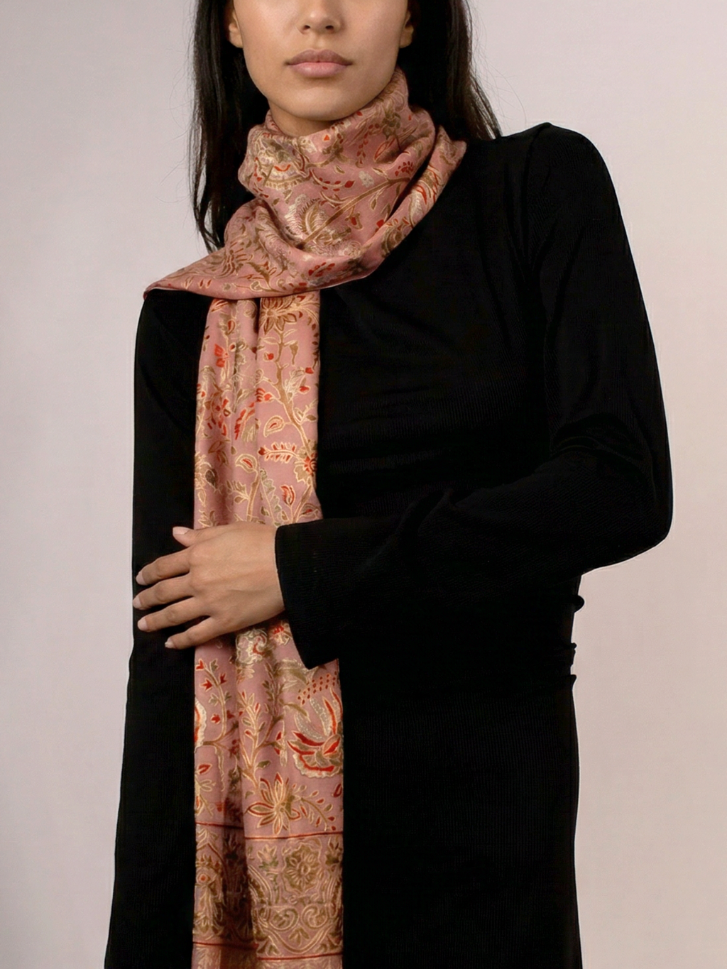 Pink Palms Handmade Embroidered Pashmina Wool Scarf