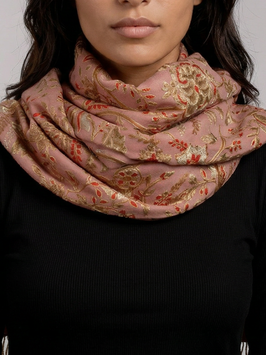 Pink Palms Handmade Embroidered Pashmina Wool Scarf