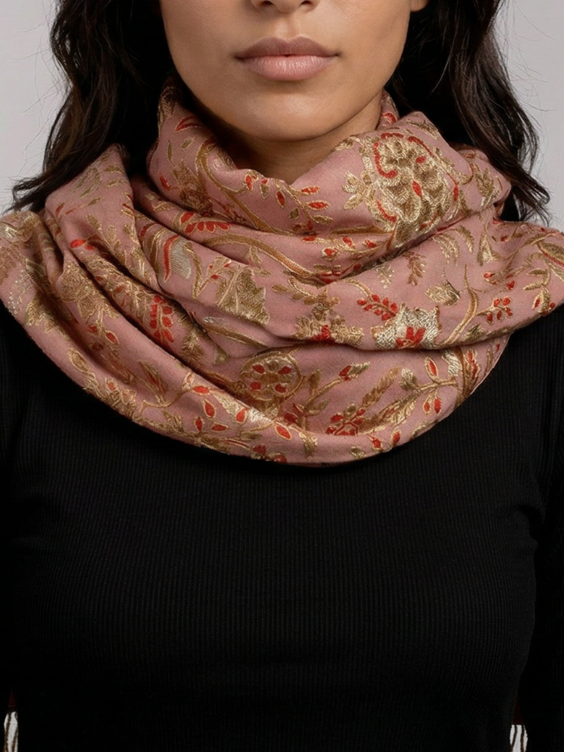 Pink Palms Handmade Embroidered Pashmina Wool Scarf