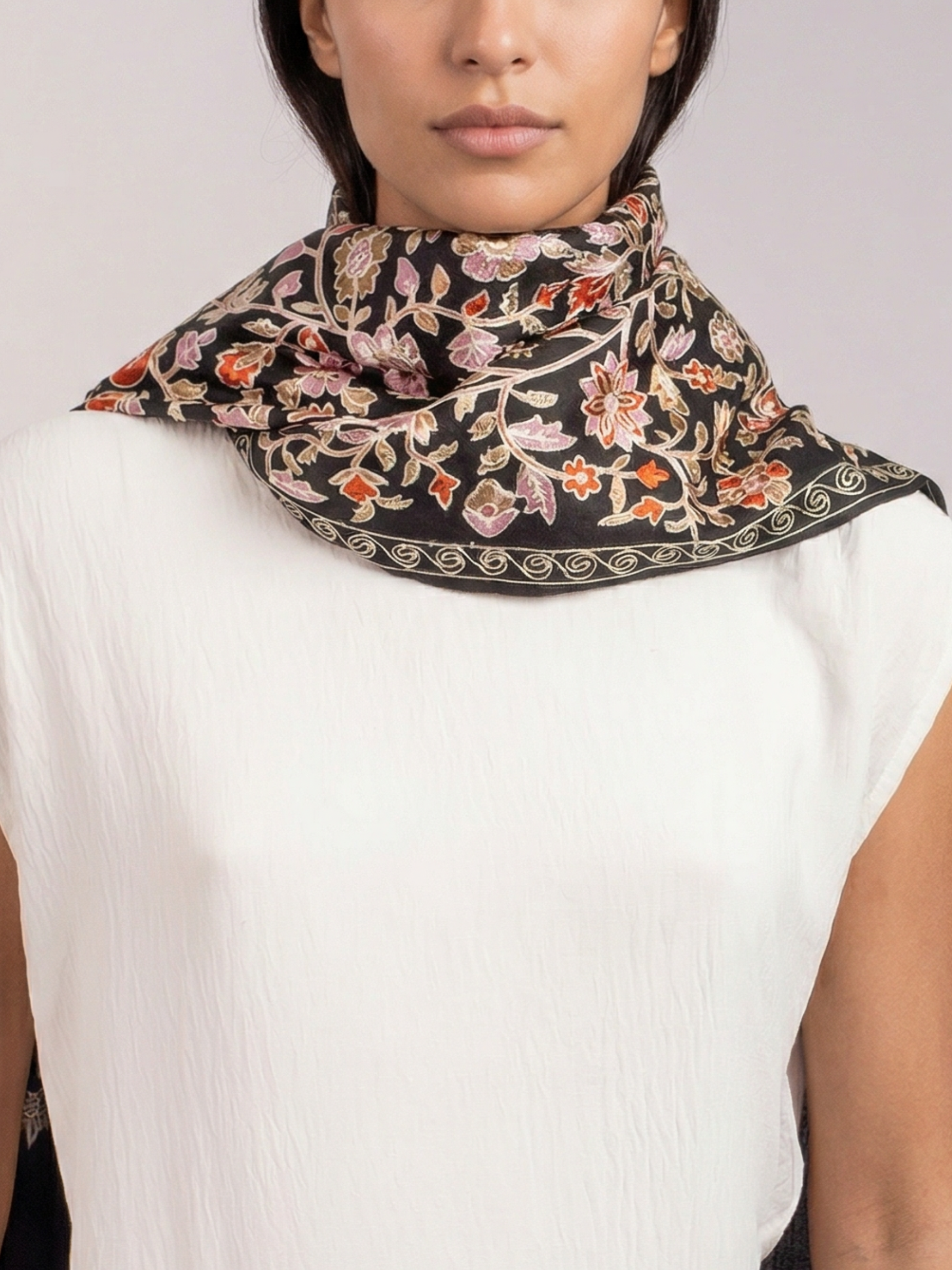 Black Florid Handmade Embroidered Pashmina Wool Scarf