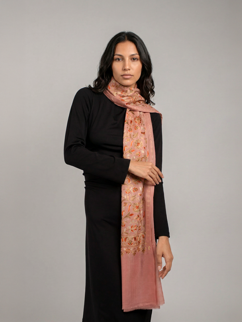 Pink Florals Handmade Embroidered Pashmina Wool Scarf
