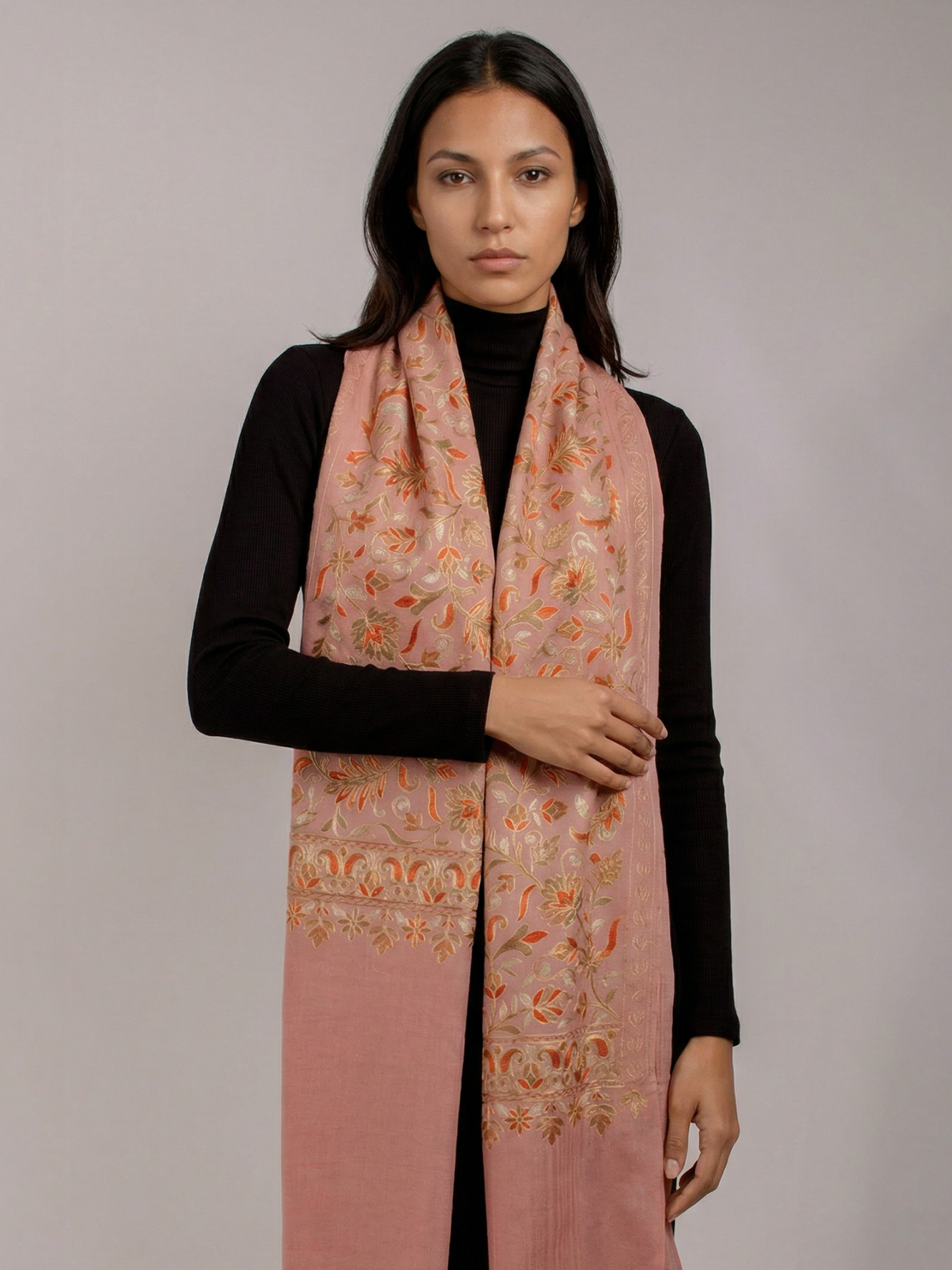 Pink Florals Handmade Embroidered Pashmina Wool Scarf