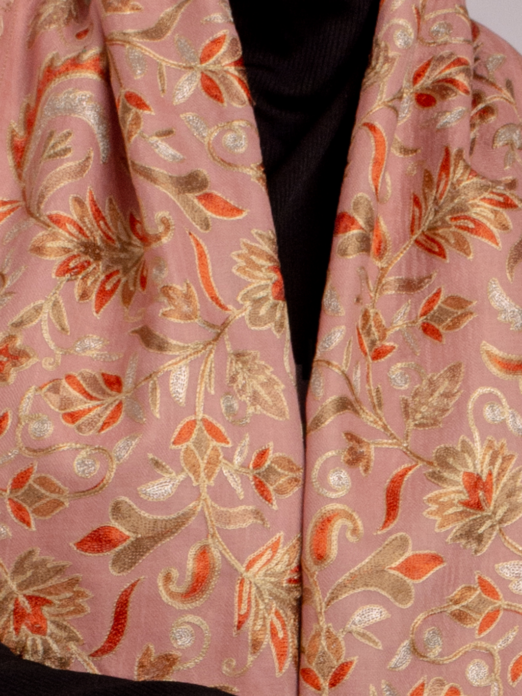 Pink Florals Handmade Embroidered Pashmina Wool Scarf