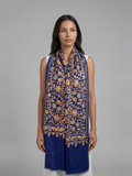 Navy Blue Florals Handmade Embroidered Pashmina Wool Scarf