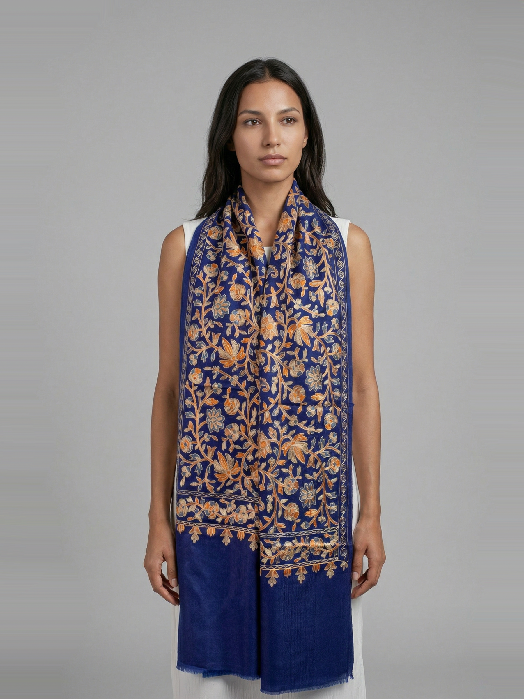 Navy Blue Florals Handmade Embroidered Pashmina Wool Scarf