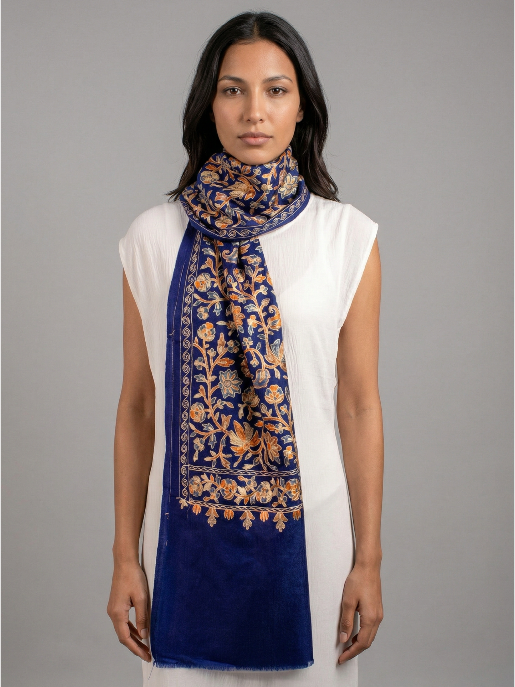 Navy Blue Florals Handmade Embroidered Pashmina Wool Scarf
