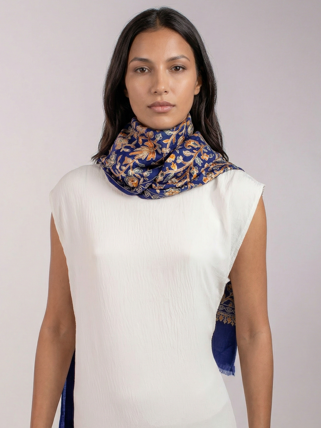 Navy Blue Florals Handmade Embroidered Pashmina Wool Scarf