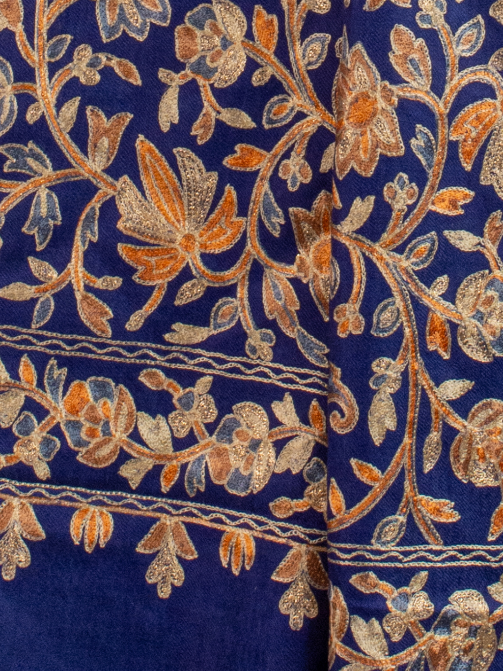 Navy Blue Florals Handmade Embroidered Pashmina Wool Scarf