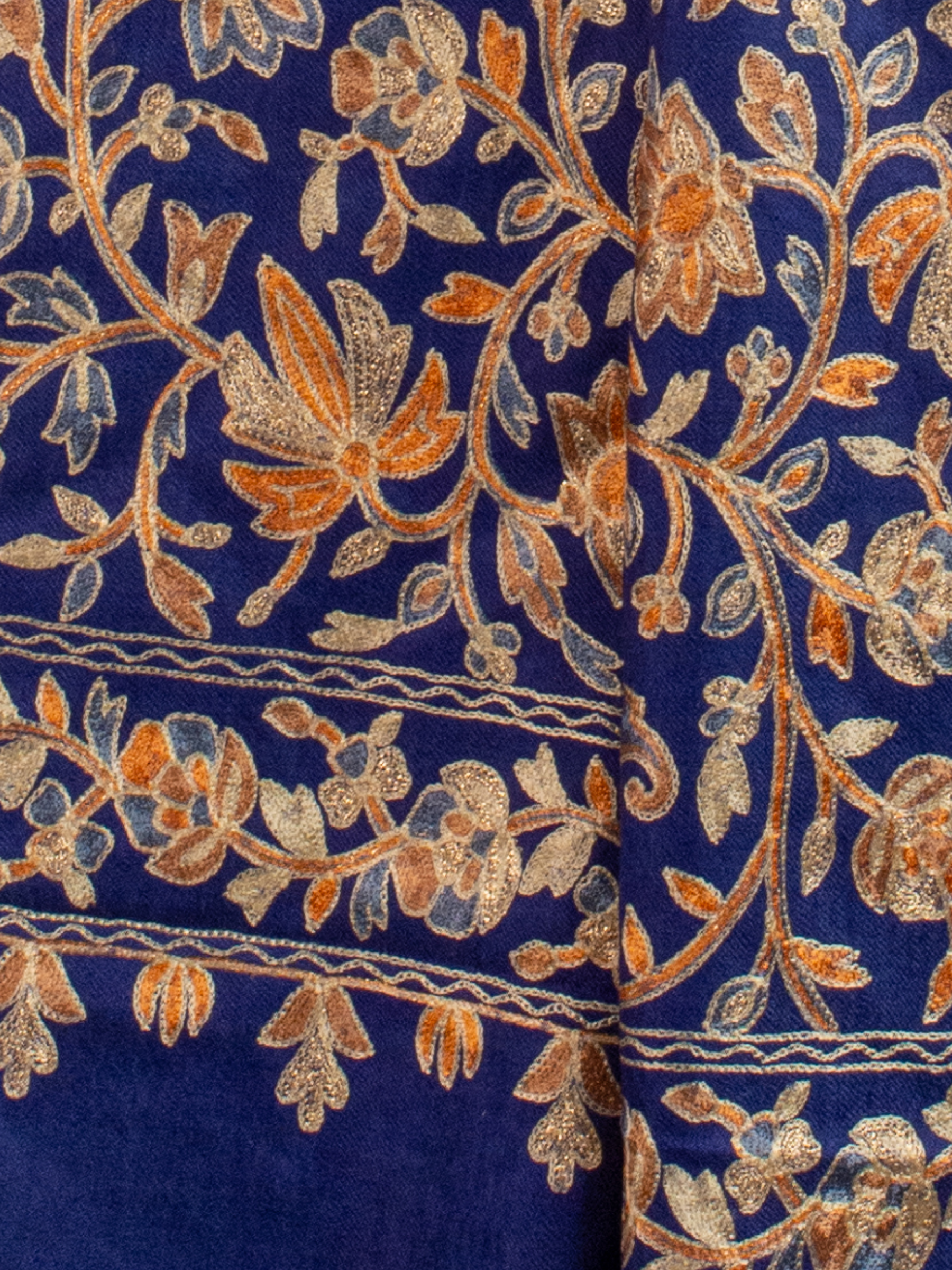 Navy Blue Florals Handmade Embroidered Pashmina Wool Scarf