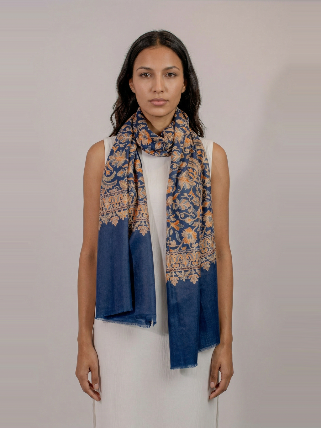 Blue Leaves Handmade Embroidered Pashmina Wool Scarf