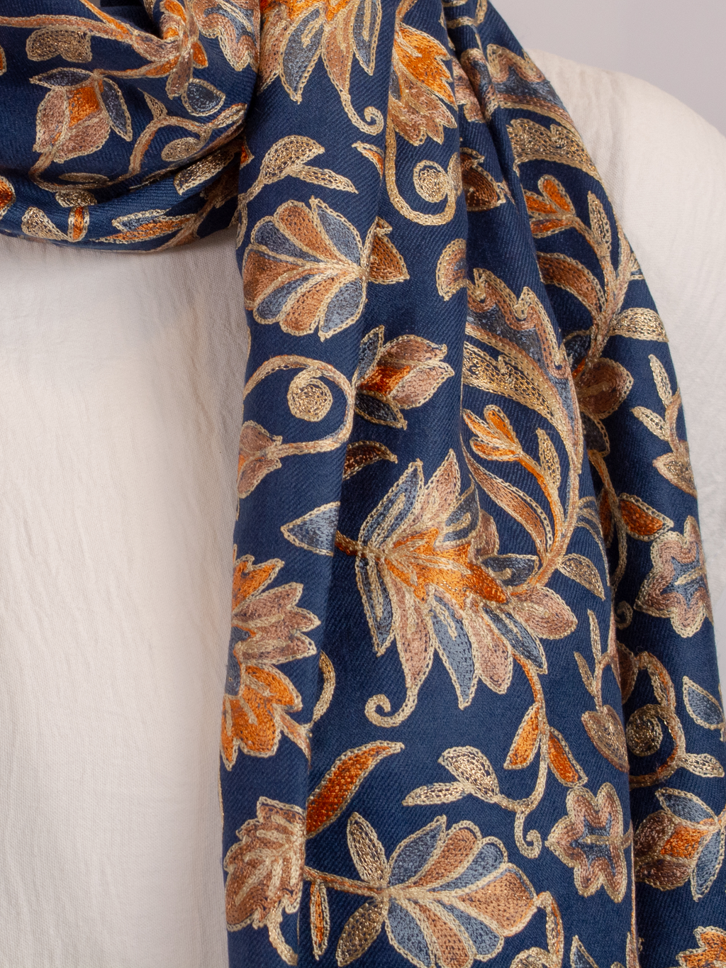 Blue Leaves Handmade Embroidered Pashmina Wool Scarf
