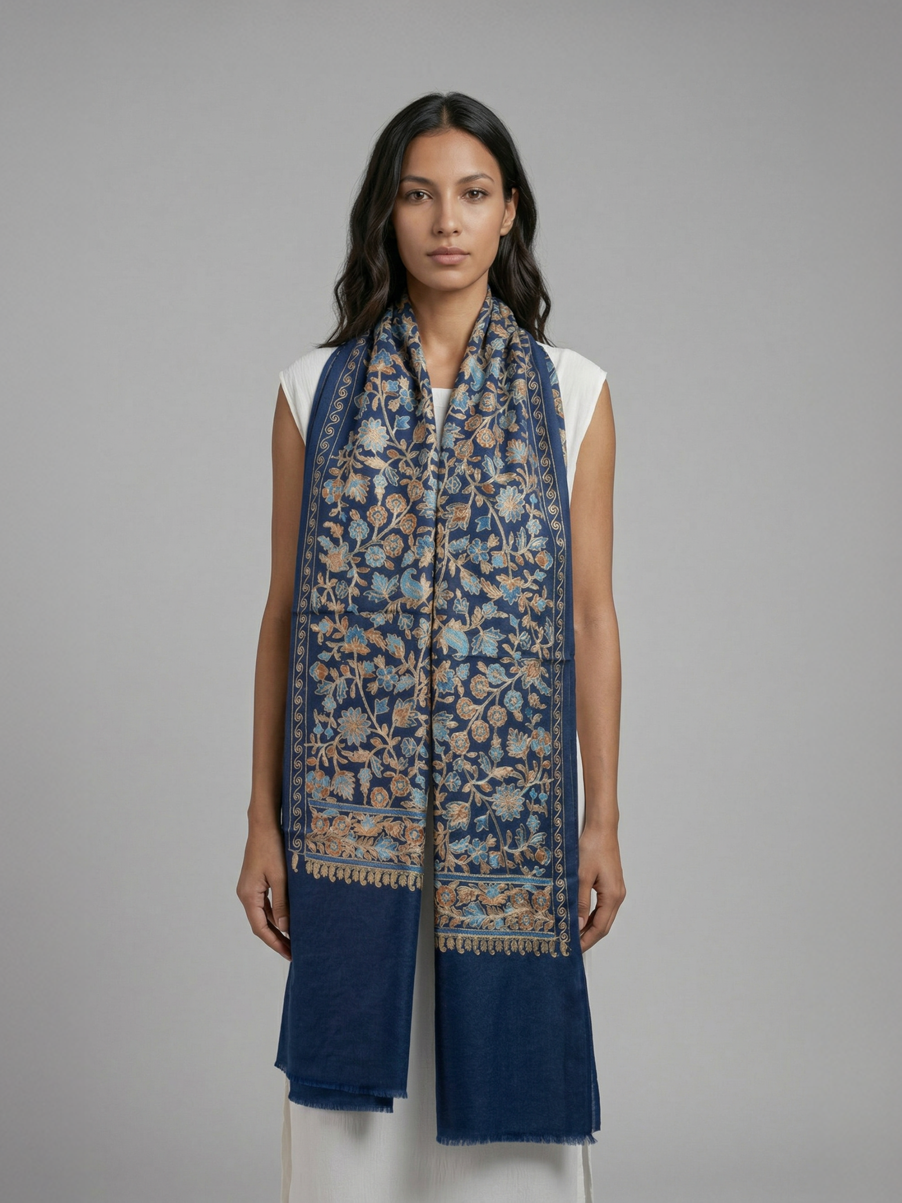 Blue Florals Handmade Embroidered Pashmina Wool Scarf