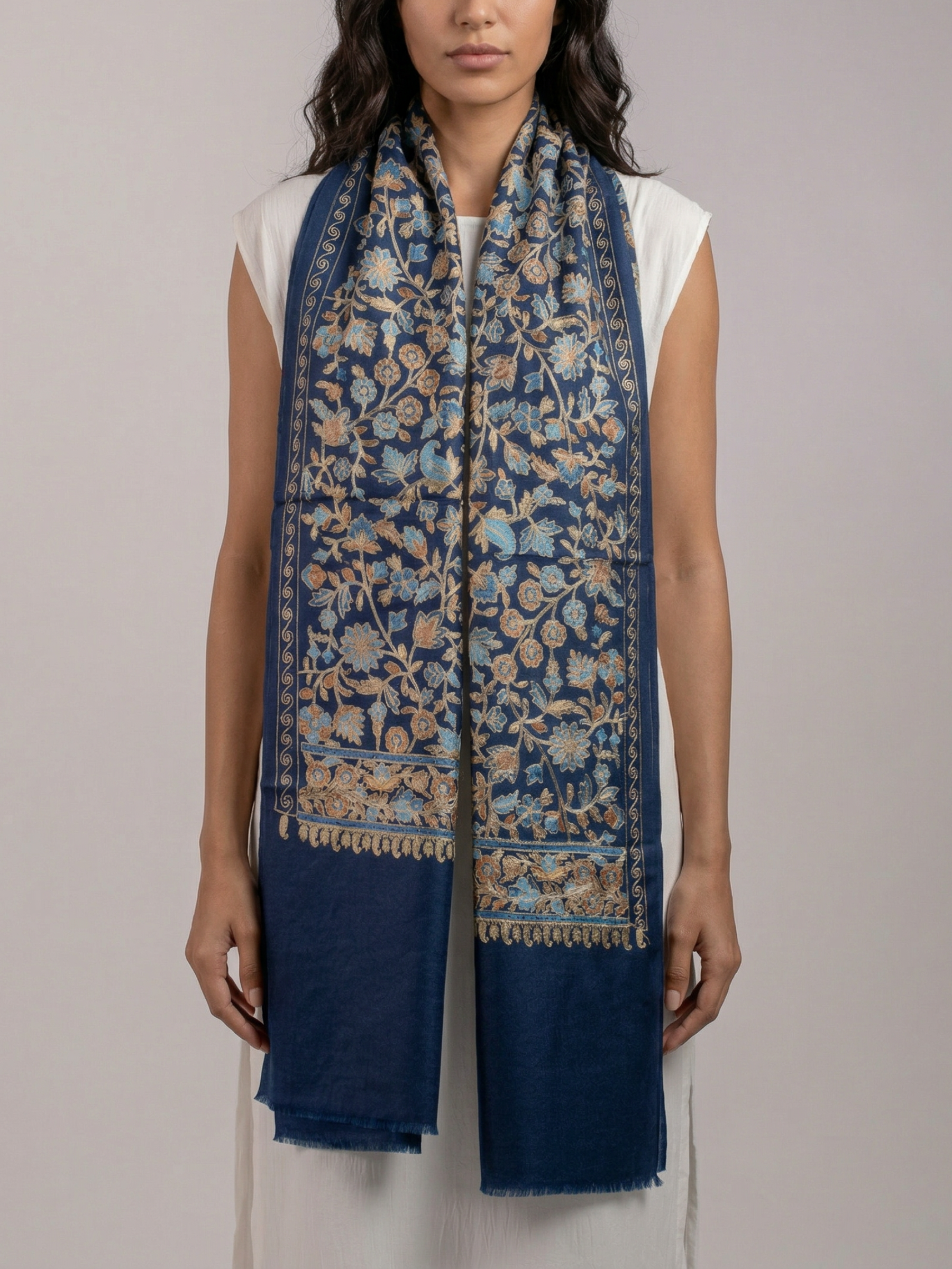 Blue Florals Handmade Embroidered Pashmina Wool Scarf