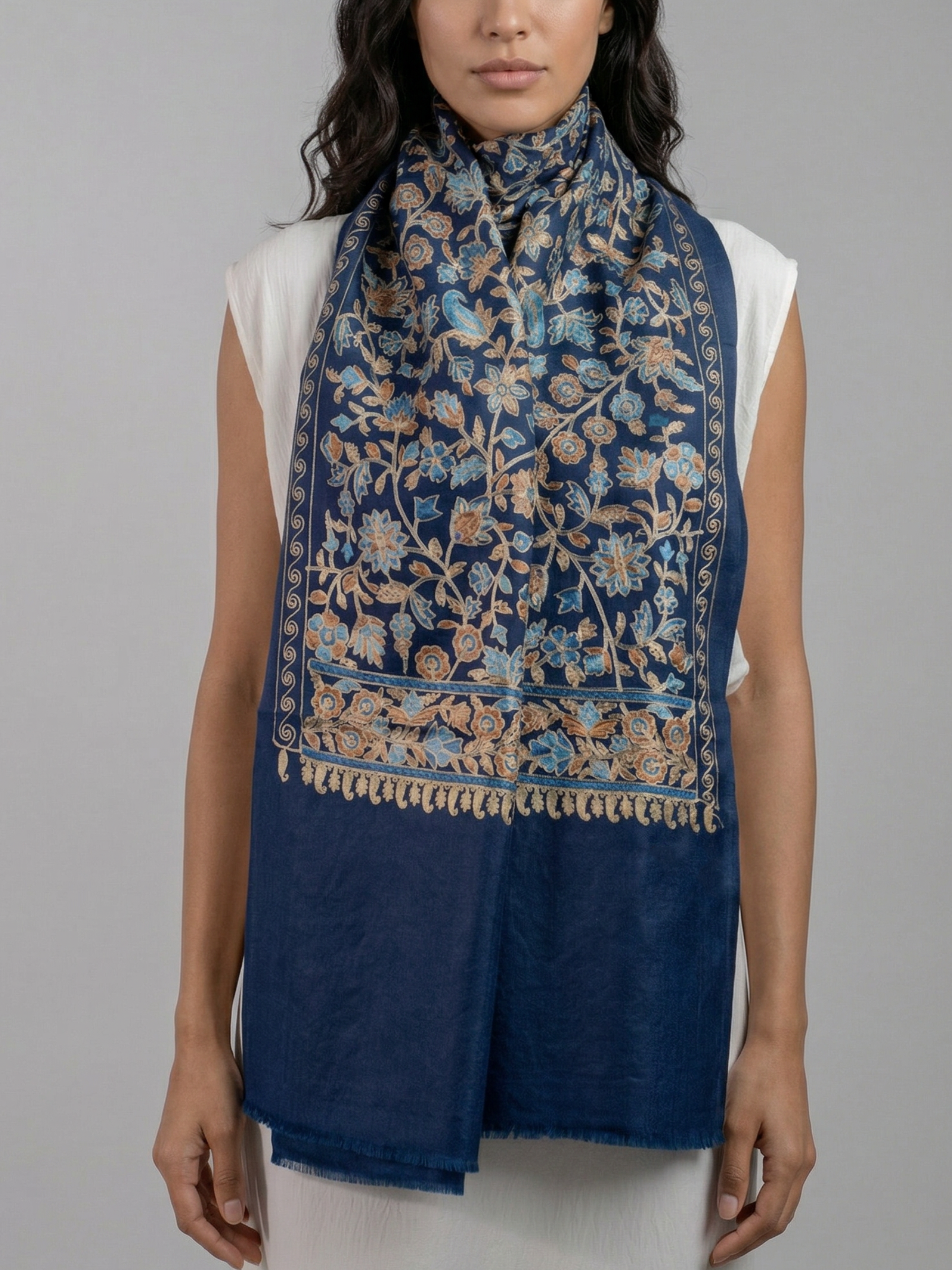 Blue Florals Handmade Embroidered Pashmina Wool Scarf