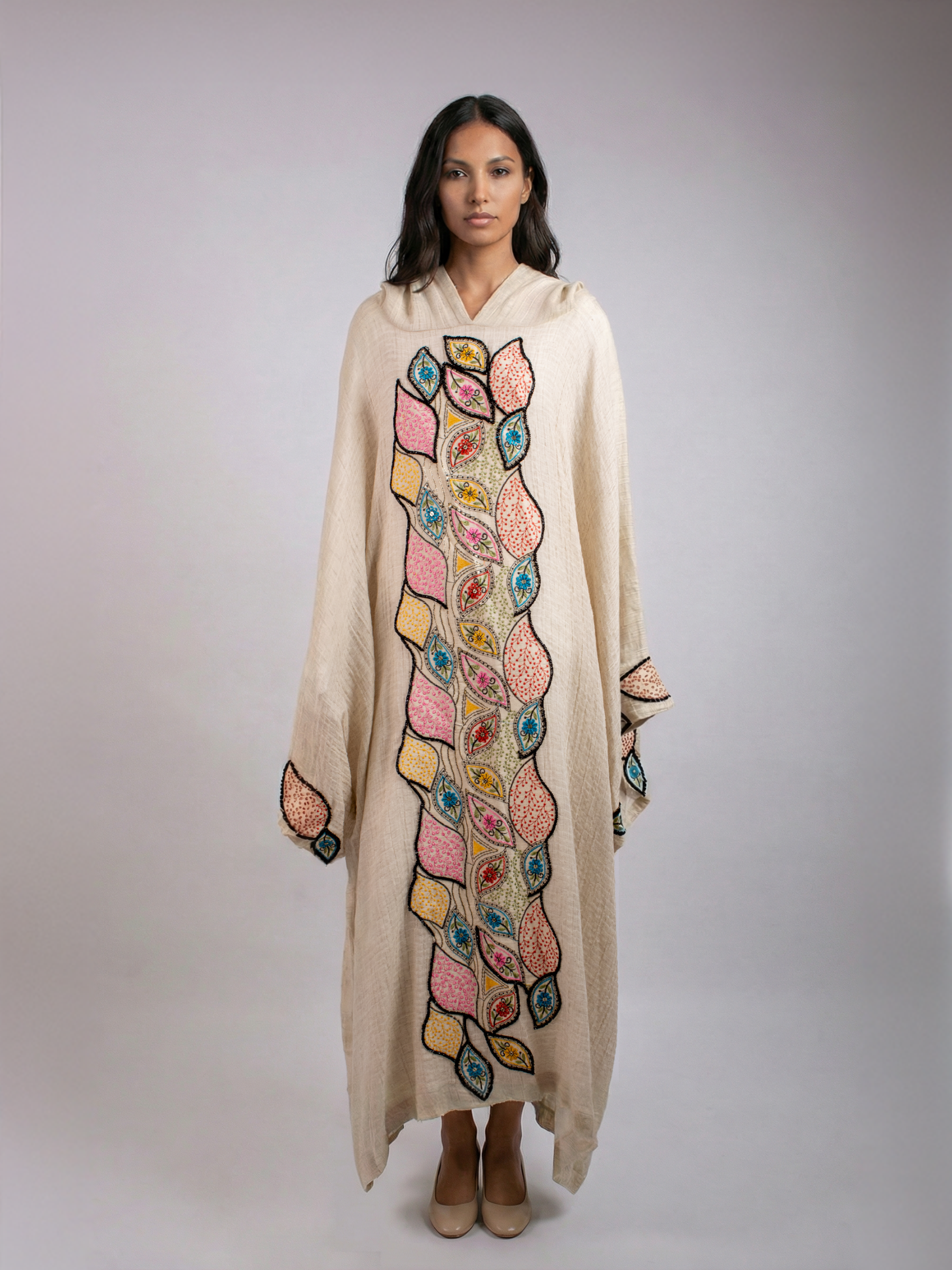 100% Egyptian Crinkled Cotton Kaftan with Colored Embroidered