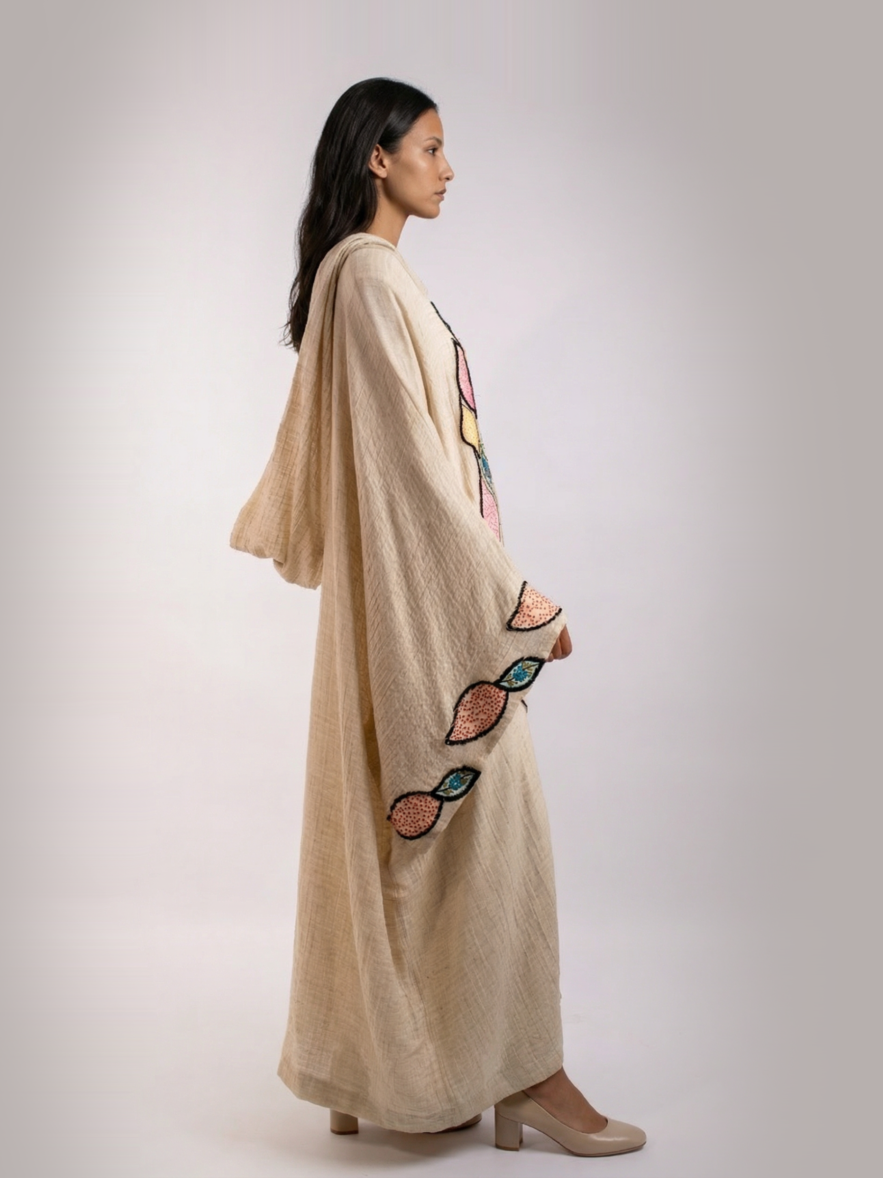 100% Egyptian Crinkled Cotton Kaftan with Colored Embroidered