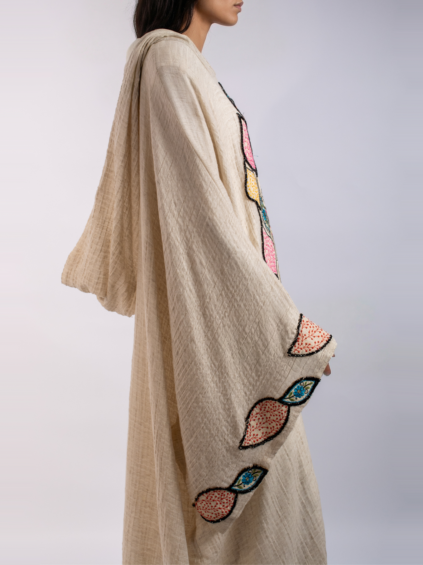 100% Egyptian Crinkled Cotton Kaftan with Colored Embroidered