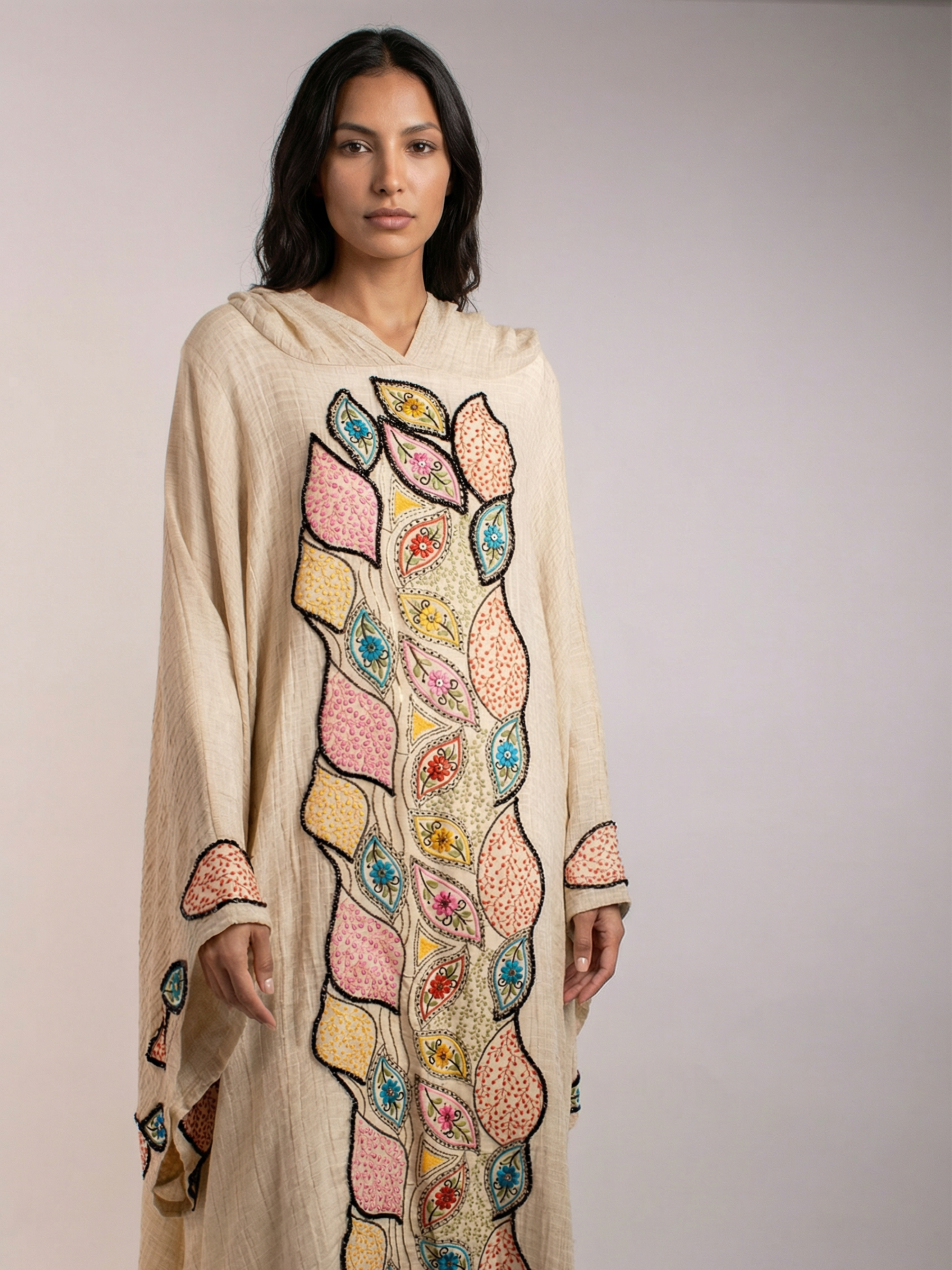 100% Egyptian Crinkled Cotton Kaftan with Colored Embroidered