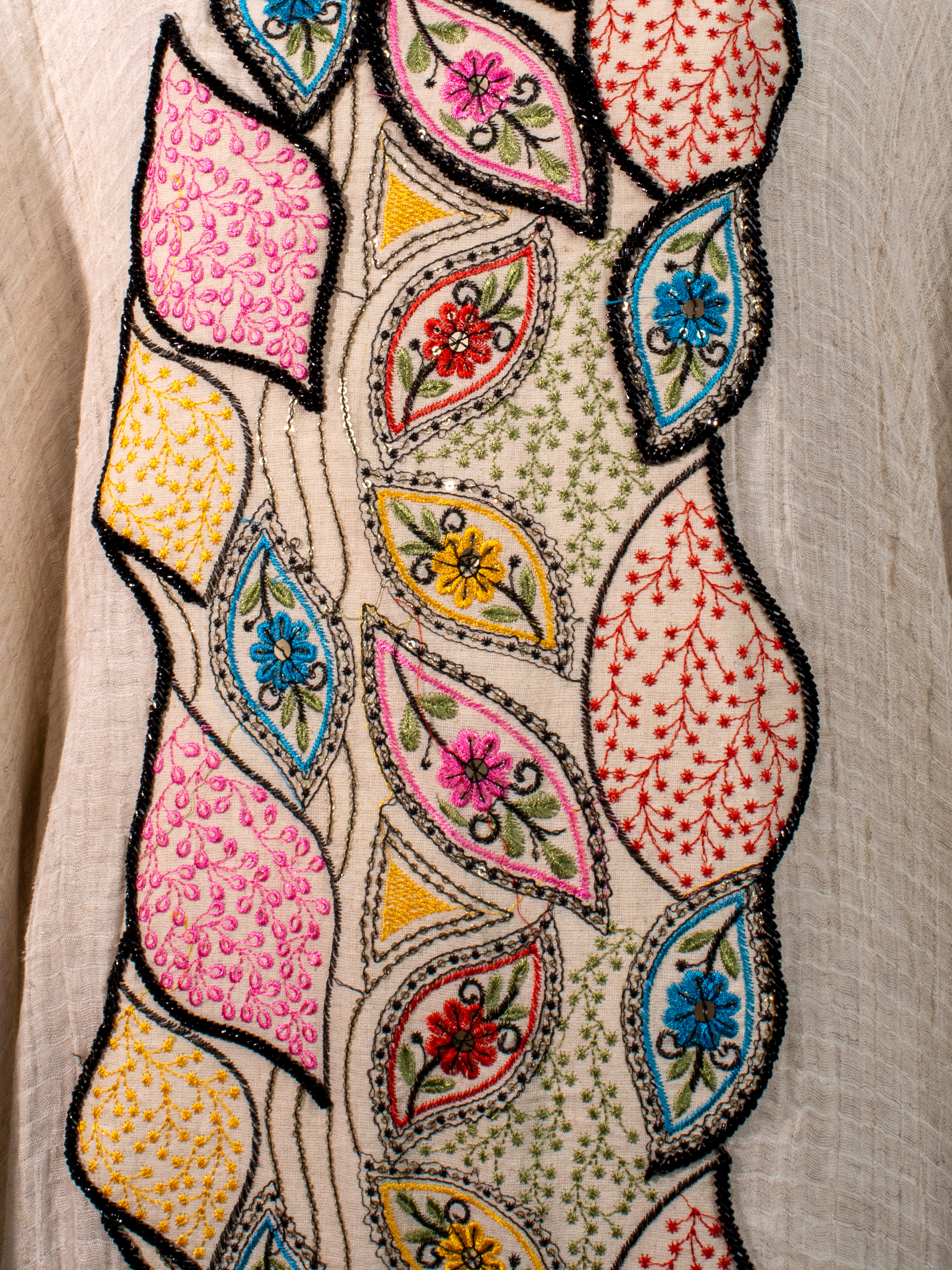 100% Egyptian Crinkled Cotton Kaftan with Colored Embroidered