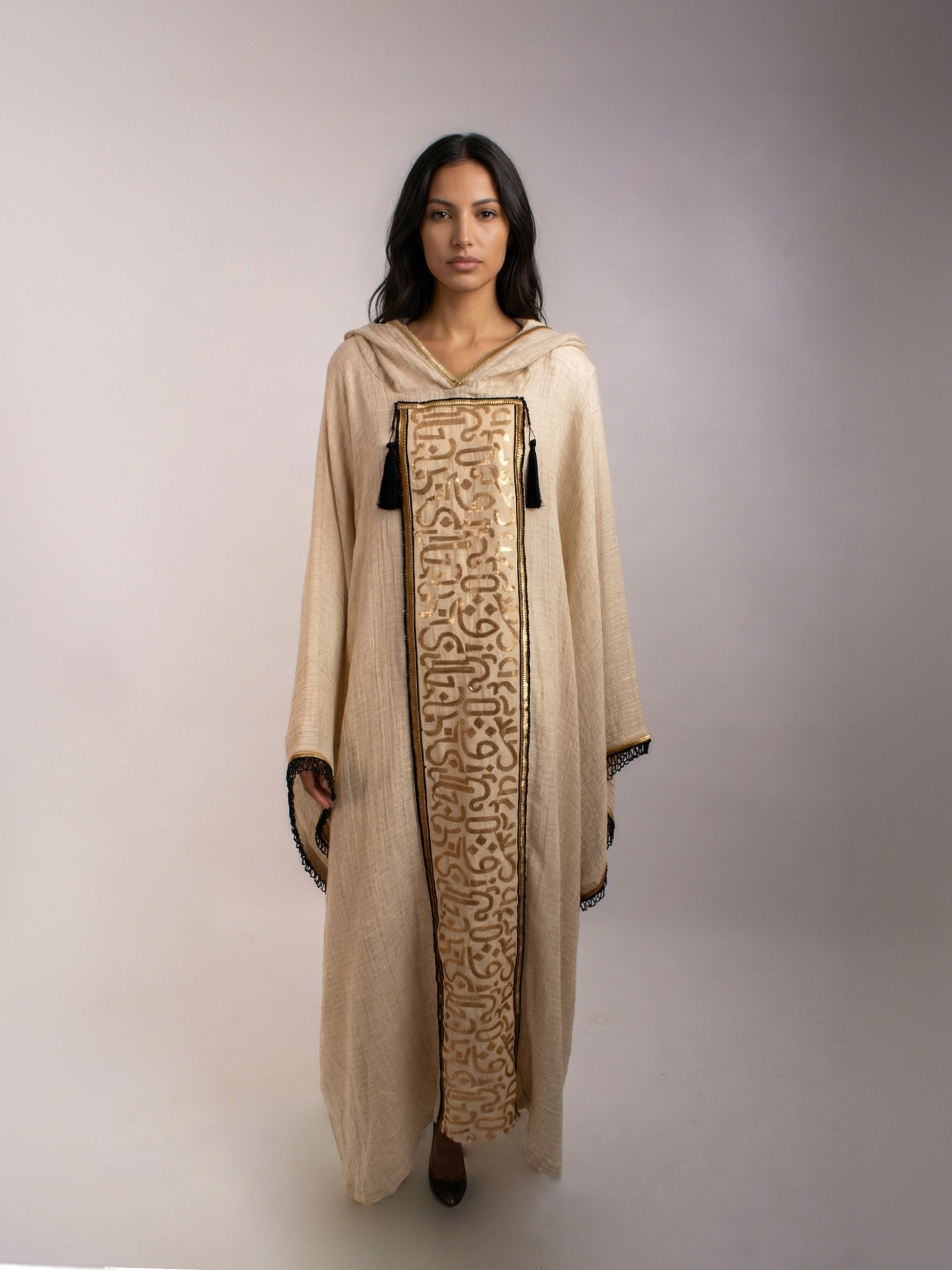 100% Egyptian Crinkled Cotton Gold Embroidered kaftan