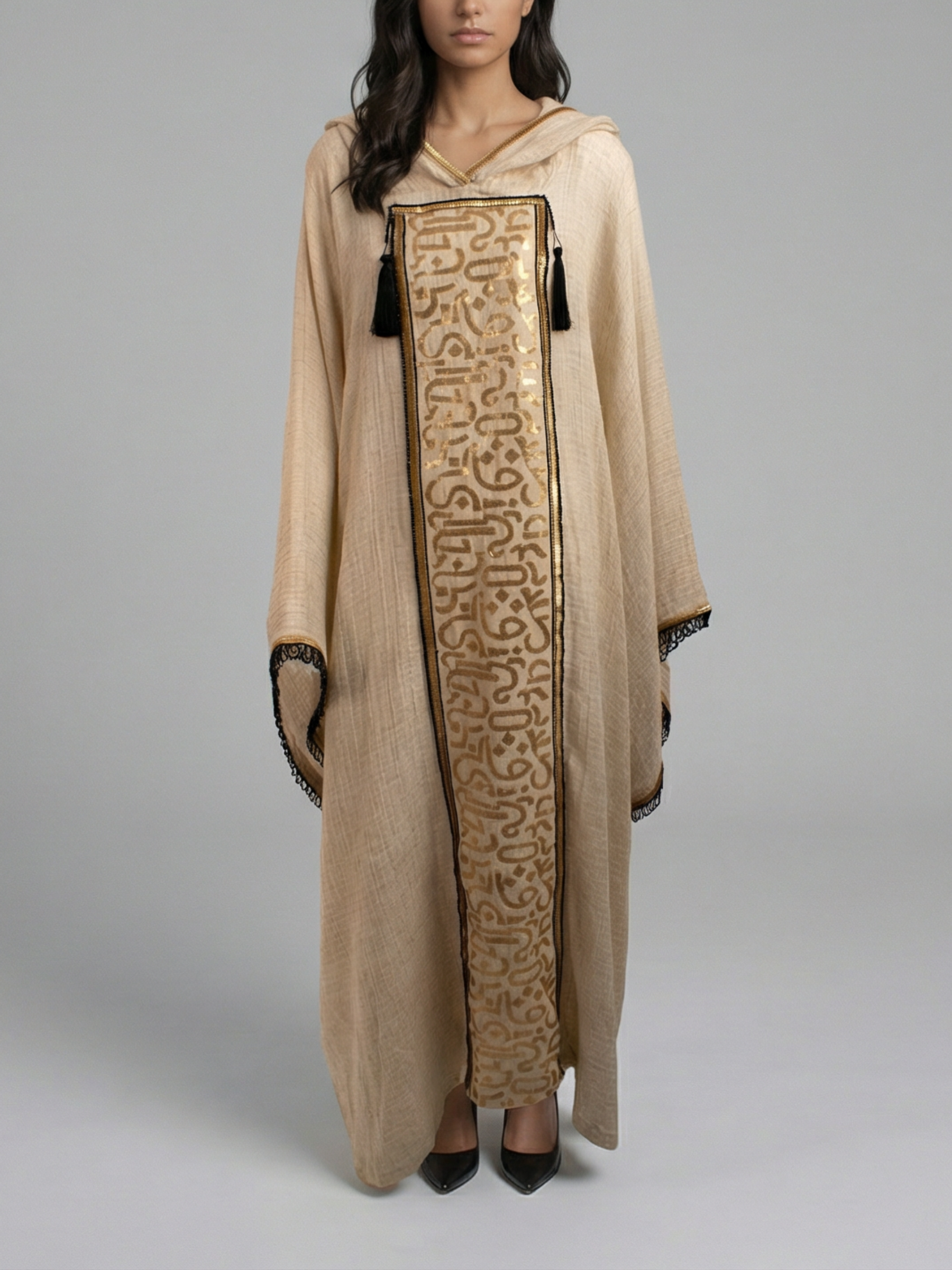 100% Egyptian Crinkled Cotton Gold Embroidered kaftan