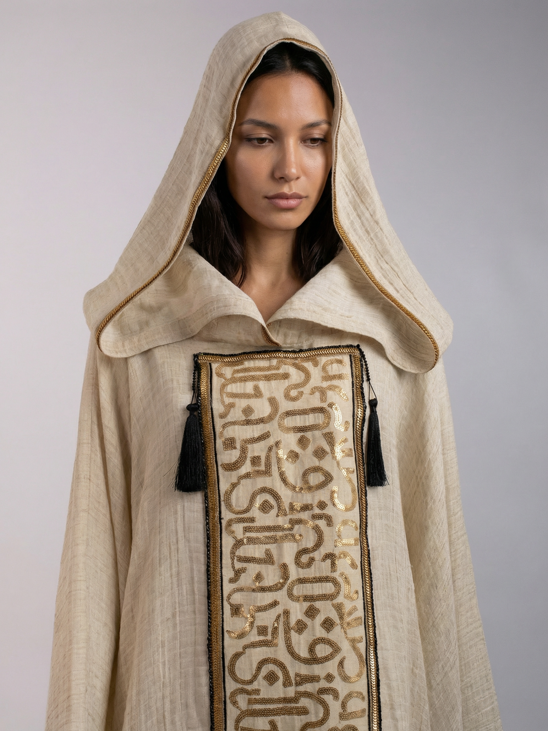 100% Egyptian Crinkled Cotton Gold Embroidered kaftan