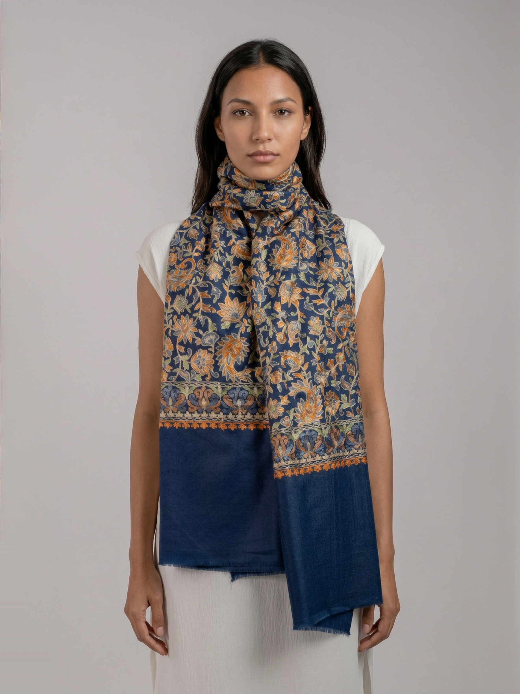 Blue Ornamental Handmade Embroidered Pashmina Wool Scarf