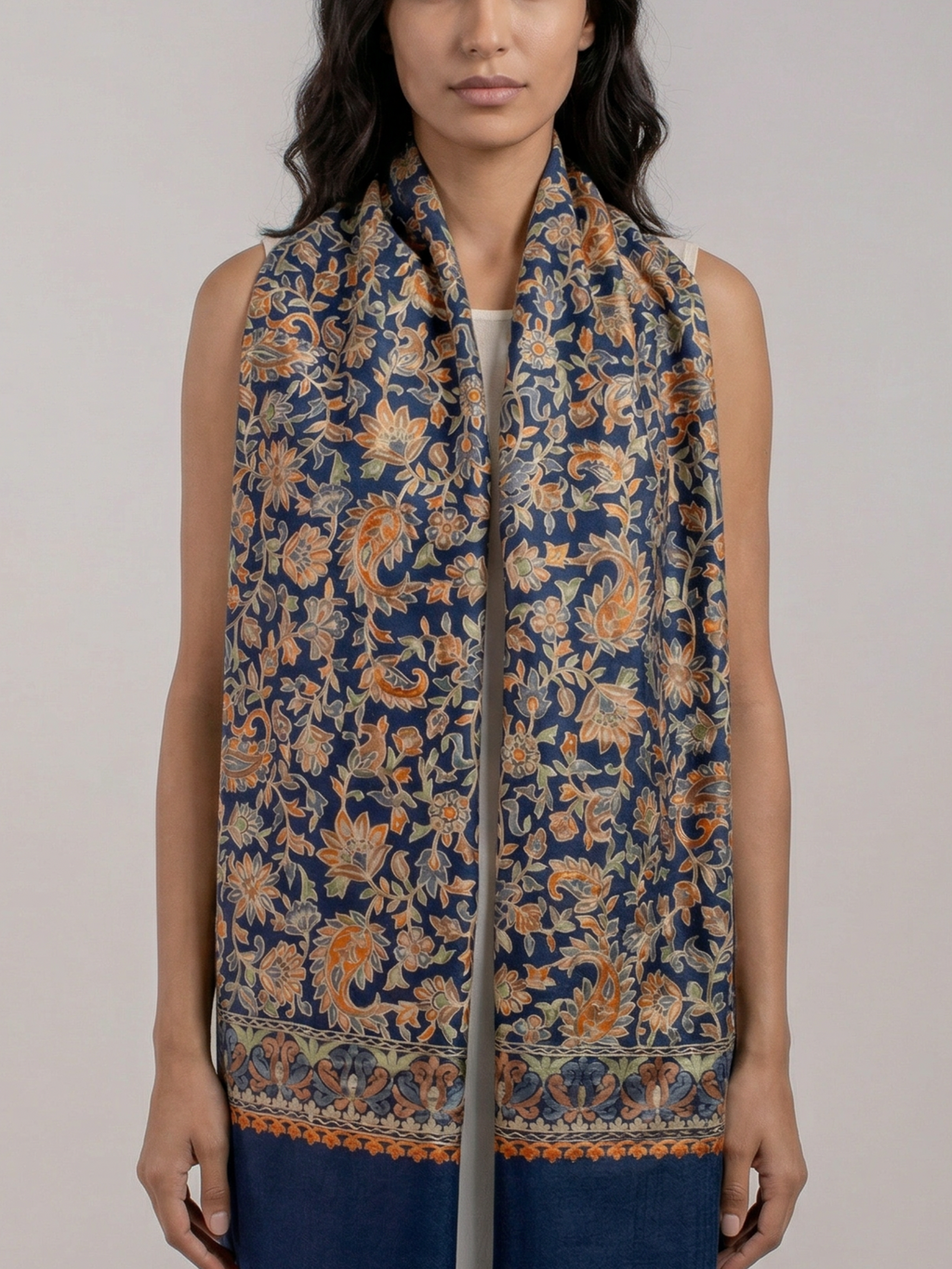 Blue Ornamental Handmade Embroidered Pashmina Wool Scarf
