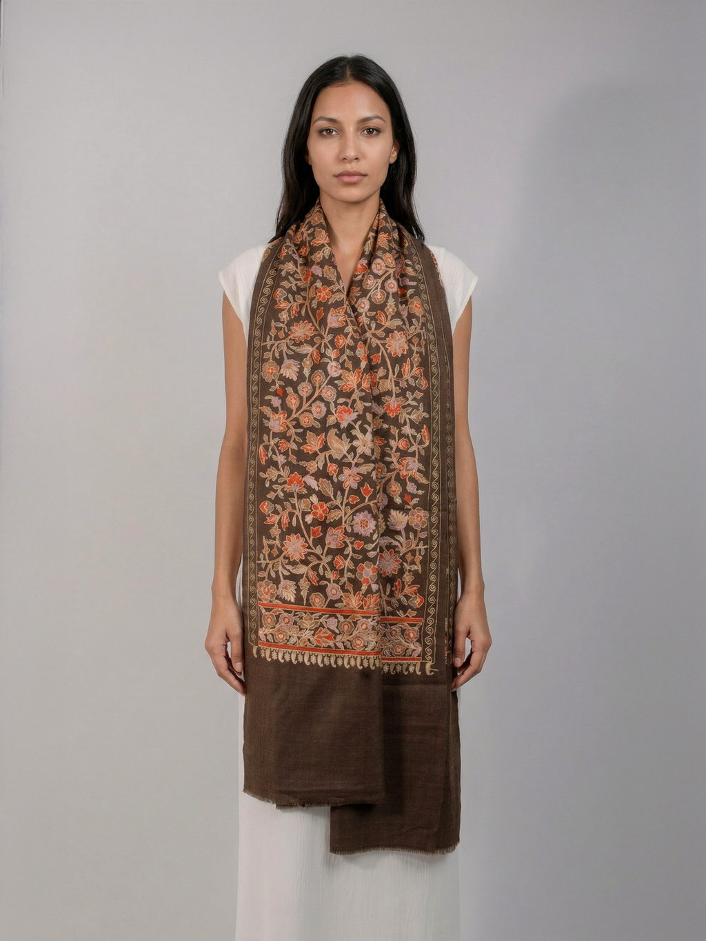 Brown Florals Handmade Embroidered Pashmina Wool Scarf