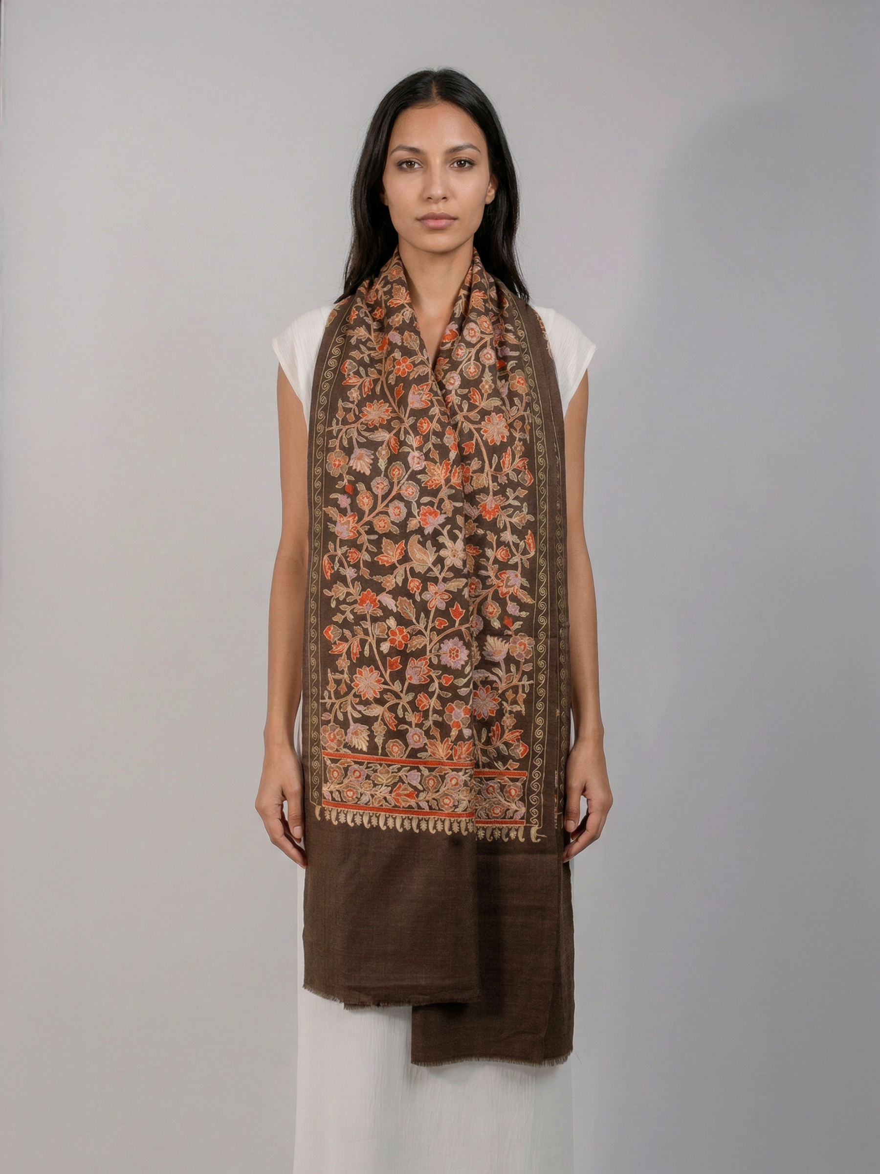Brown Florals Handmade Embroidered Pashmina Wool Scarf